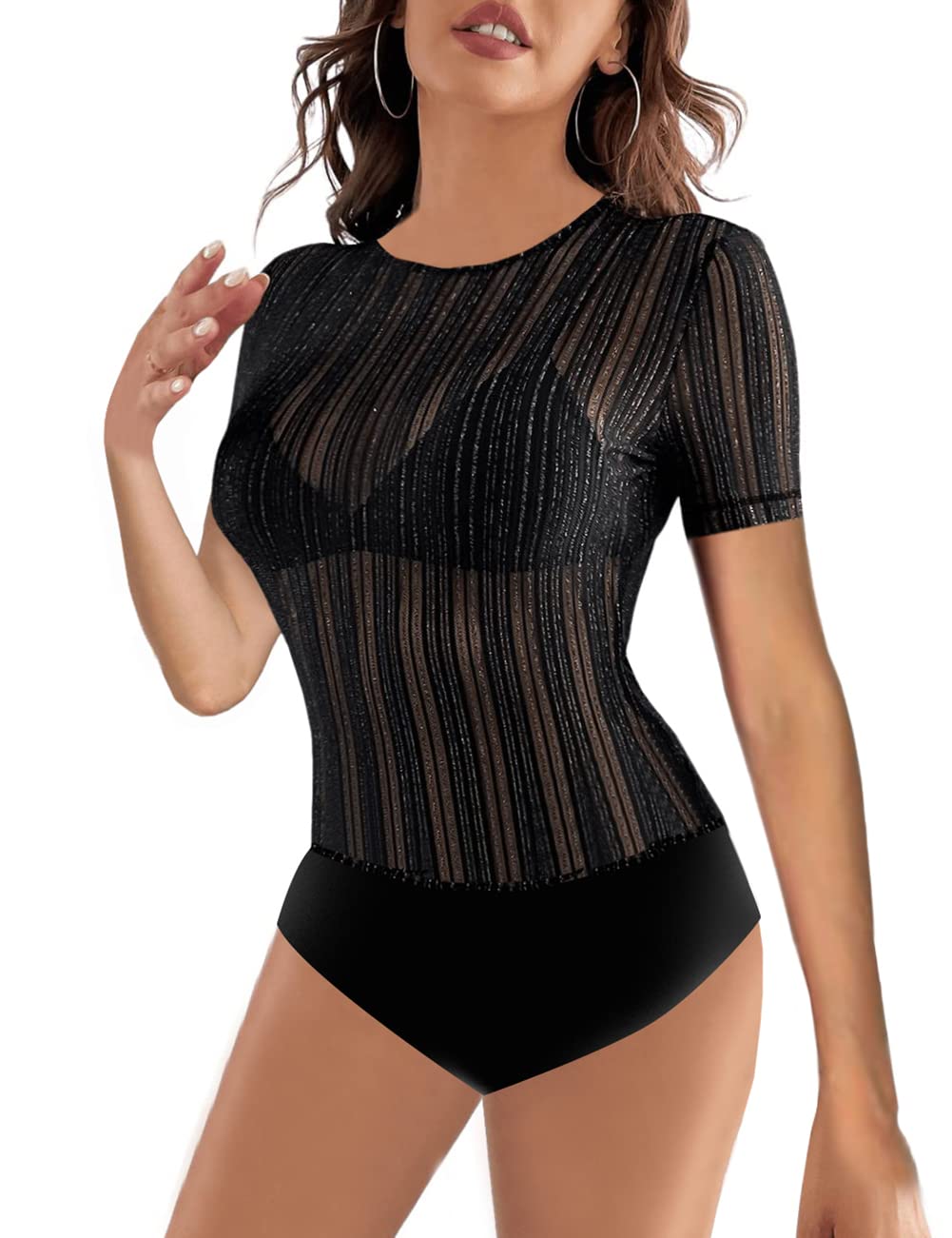 MAYFASEY Women's Sexy Black Mesh Rhinestone Bodysuit, Short Sleeve Turtleneck, XL-image-9fd5ebb6-fded-41ee-8abd-83f66e616d20-54690