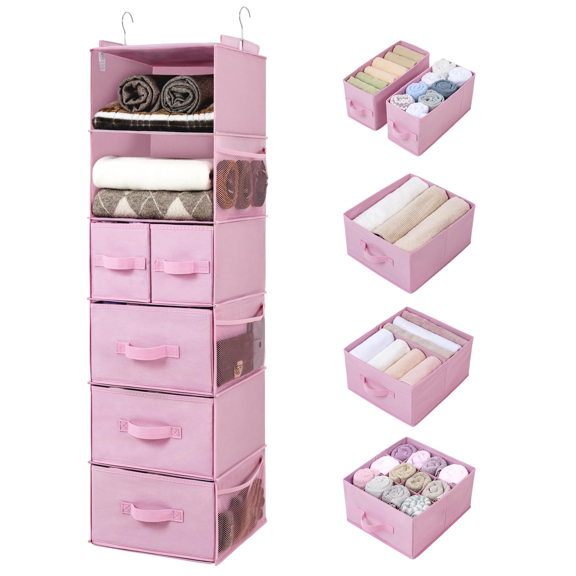 Hanging Wardrobe Organiser with Drawers - Pink 6 Shelf-image-4b1f4120-00c0-42f1-ae28-aa71efdb0e94-118560