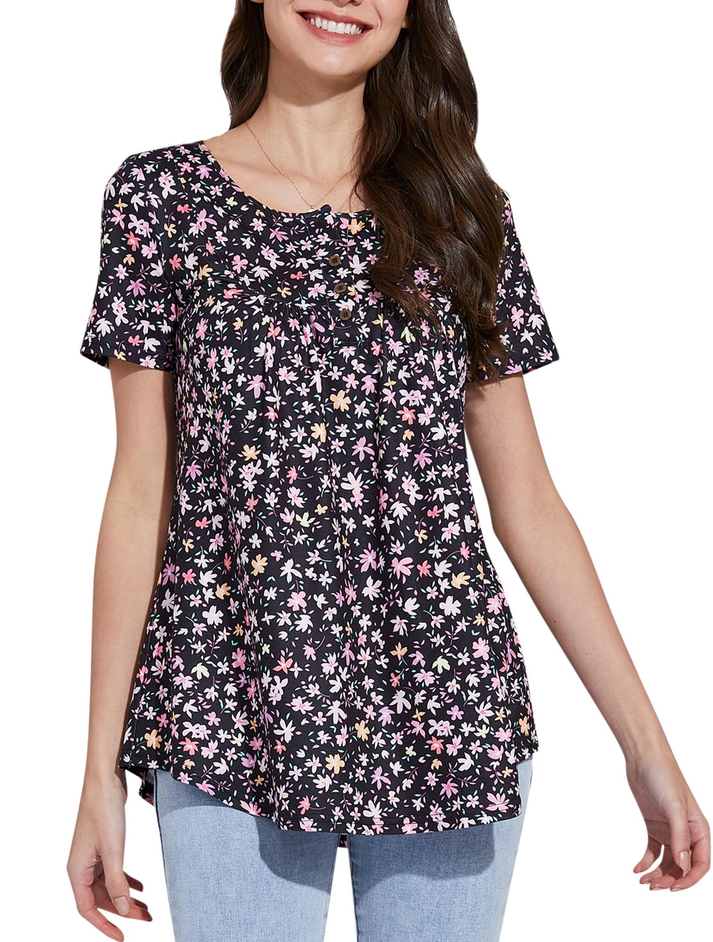 Floral Tunic Top V Neck - Black Pink Flower XL-image-77387847-a7da-4efb-9ffe-f488fab01d46-119779