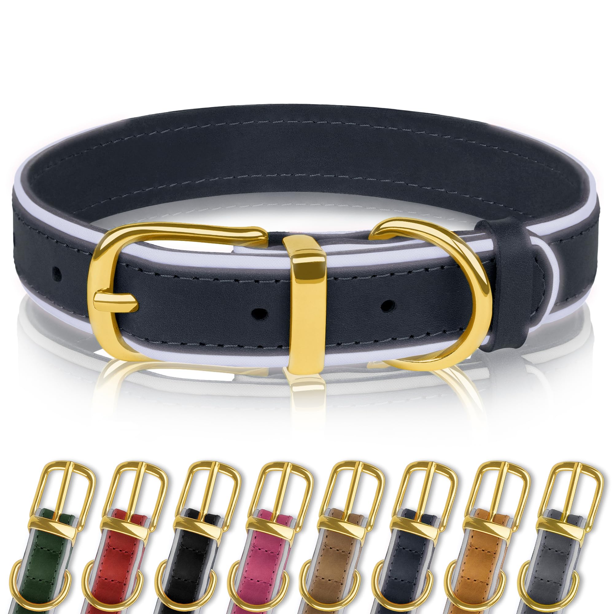 Leather Dog Collar Reflective Padded - Black XLarge-image-5f3e419e-12bc-426d-9b2f-b0d5916fe923-110721