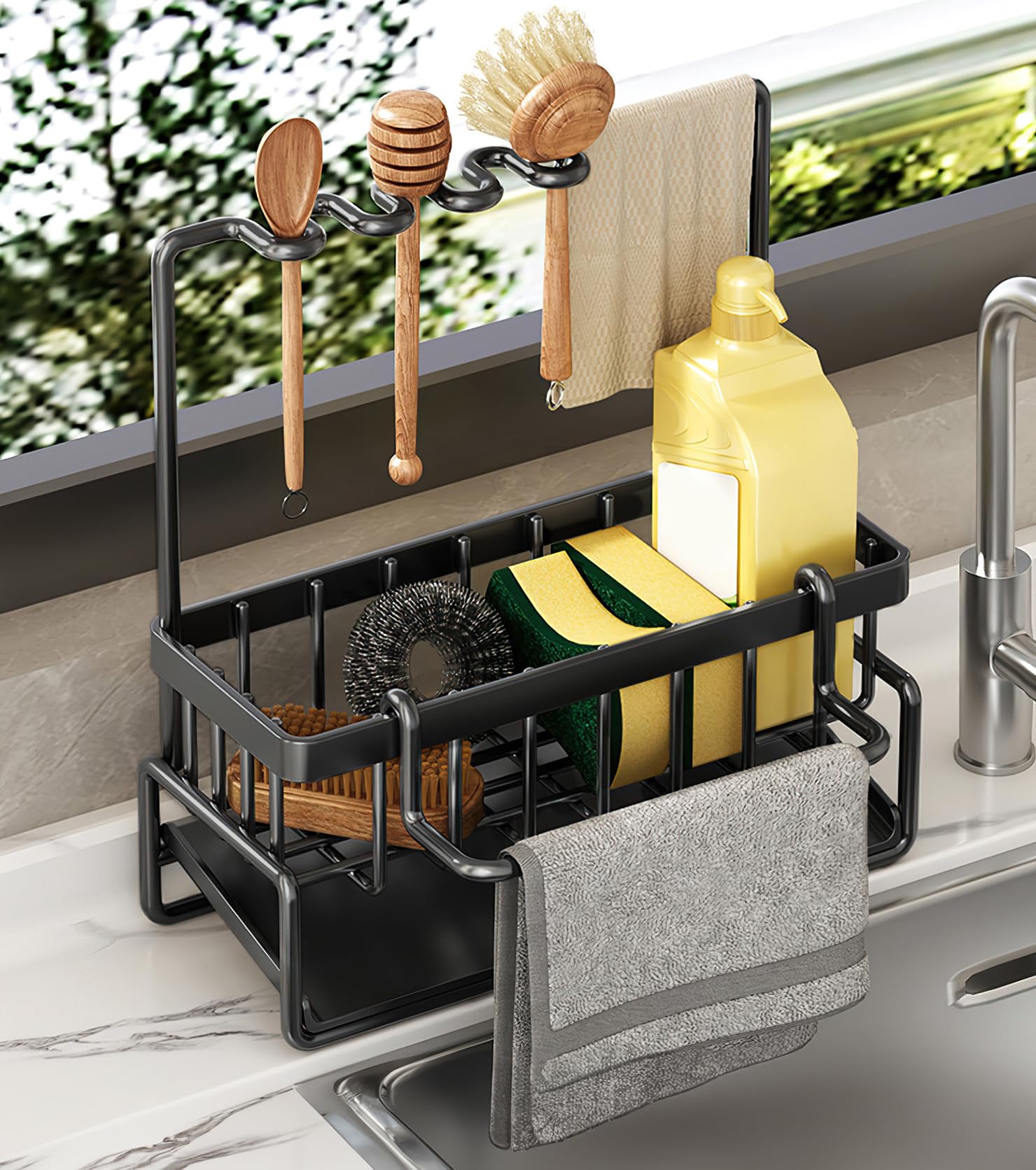 Black Kitchen Sponge Holder with Drip Tray - Sink Caddy Organiser & Utensils Rack-image-bfba9675-975f-469f-a44e-cf0c73e56e1f-44854