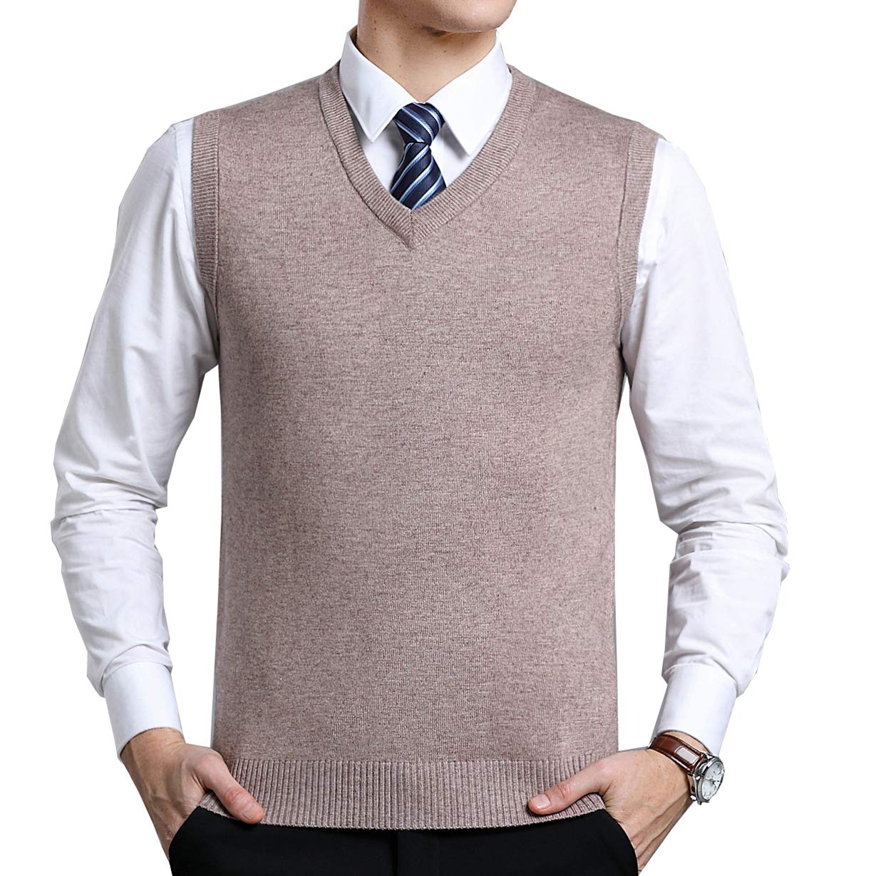 Men's V-Neck Wool Sleeveless Jumper - Khaki S-image-3433b4e4-21de-4474-bb44-e1fd91190982-111050