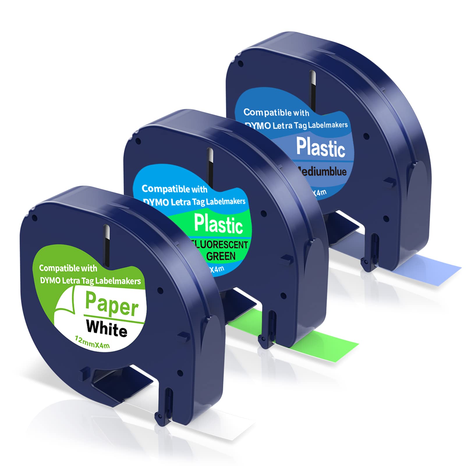 3-Pack Colour Tape for Dymo LetraTag Label Makers, 12mm x 4m - Black/White, Blue, Fluorescent Green-image-79c3a1c3-d3b4-4d24-b268-888e217edb92-69385