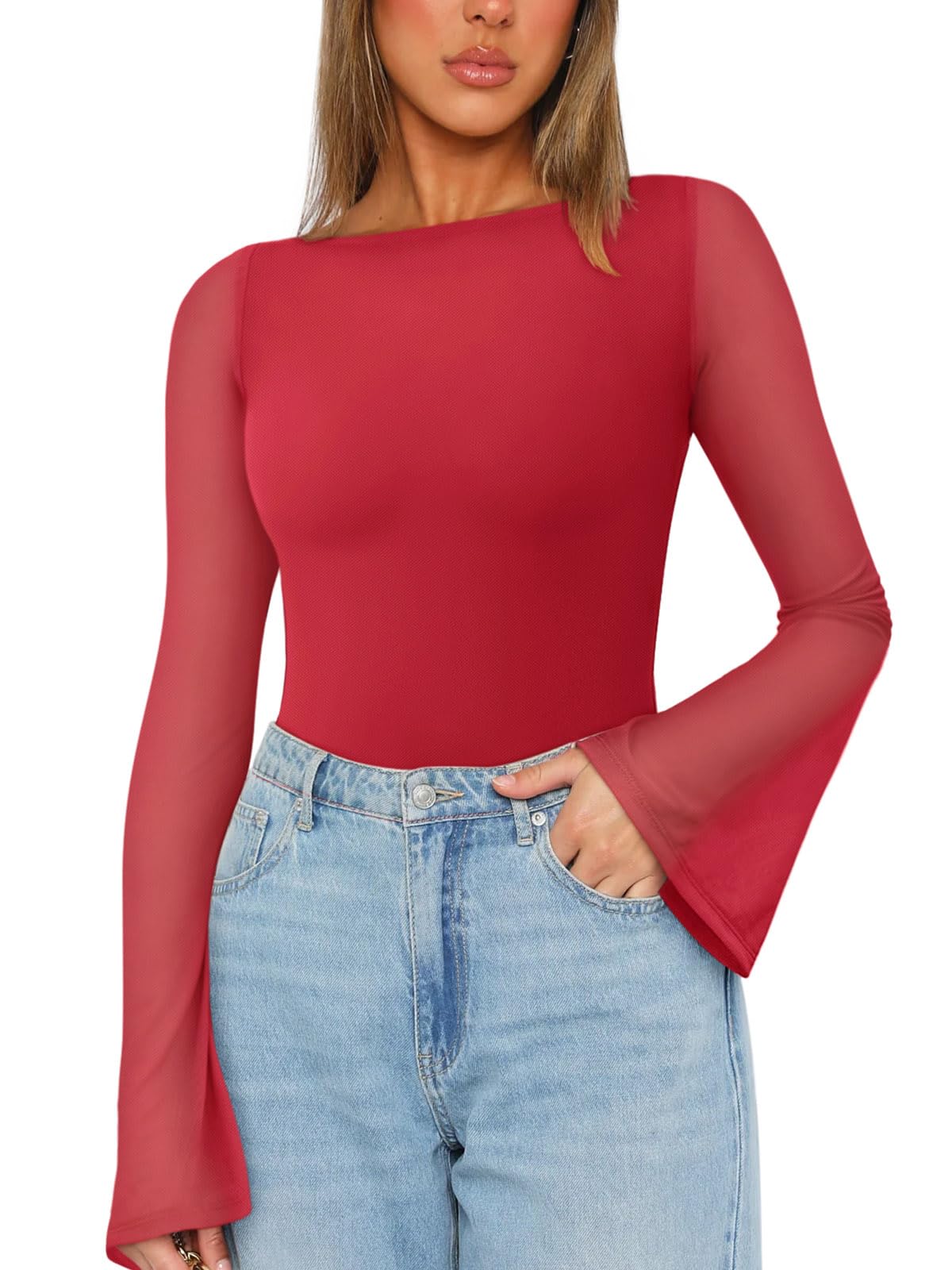 Women's Sheer Mesh Bodysuit - Red Medium-image-c6d681a0-daeb-4ade-a917-78aa5e15109c-90556