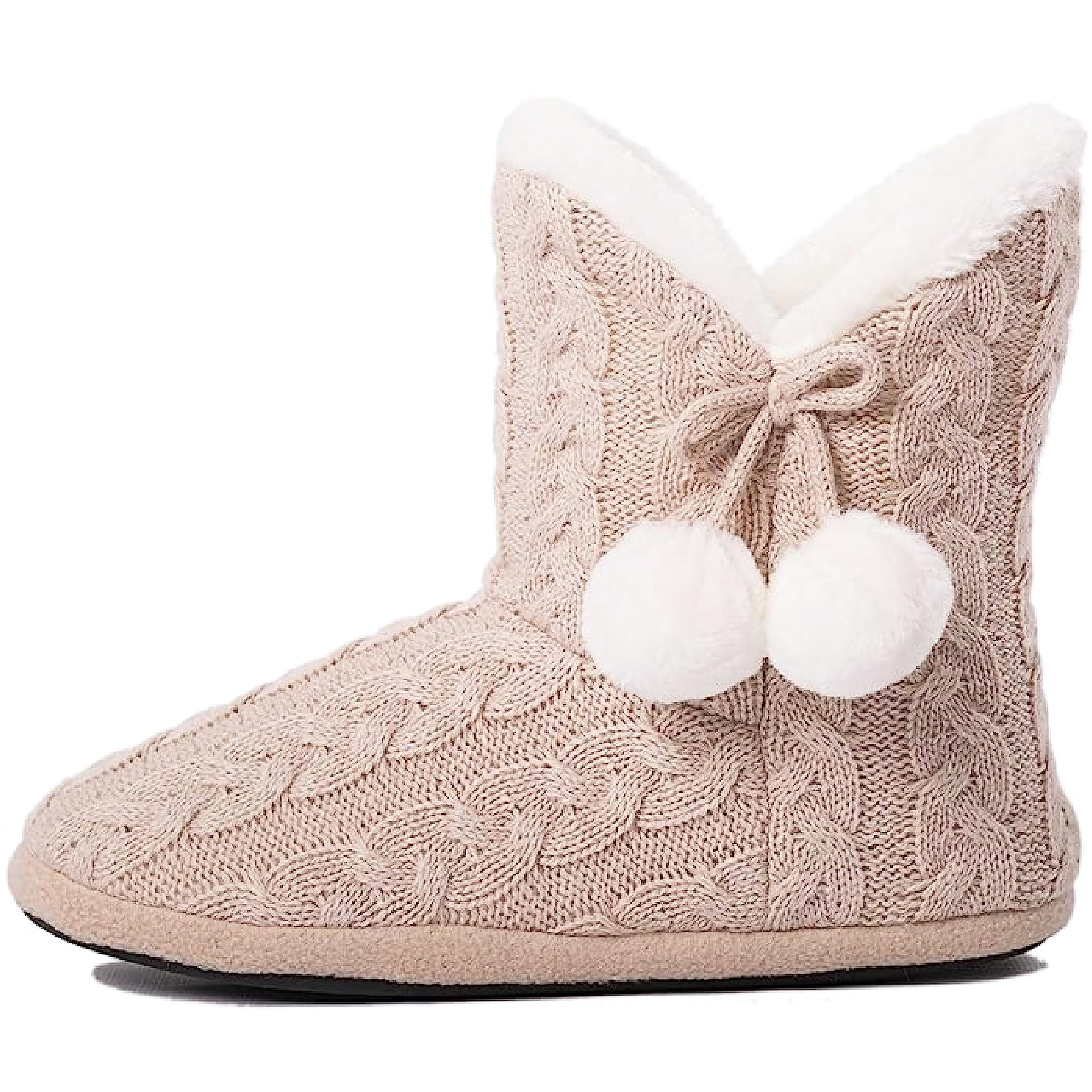 Women's Faux Fur Lined Slipper Boots with Pom Poms, Non-Slip Sole, Beige, Size 5/6 UK-image-78af1d48-1d1b-4160-aec2-9762a7a9f7e5-65399