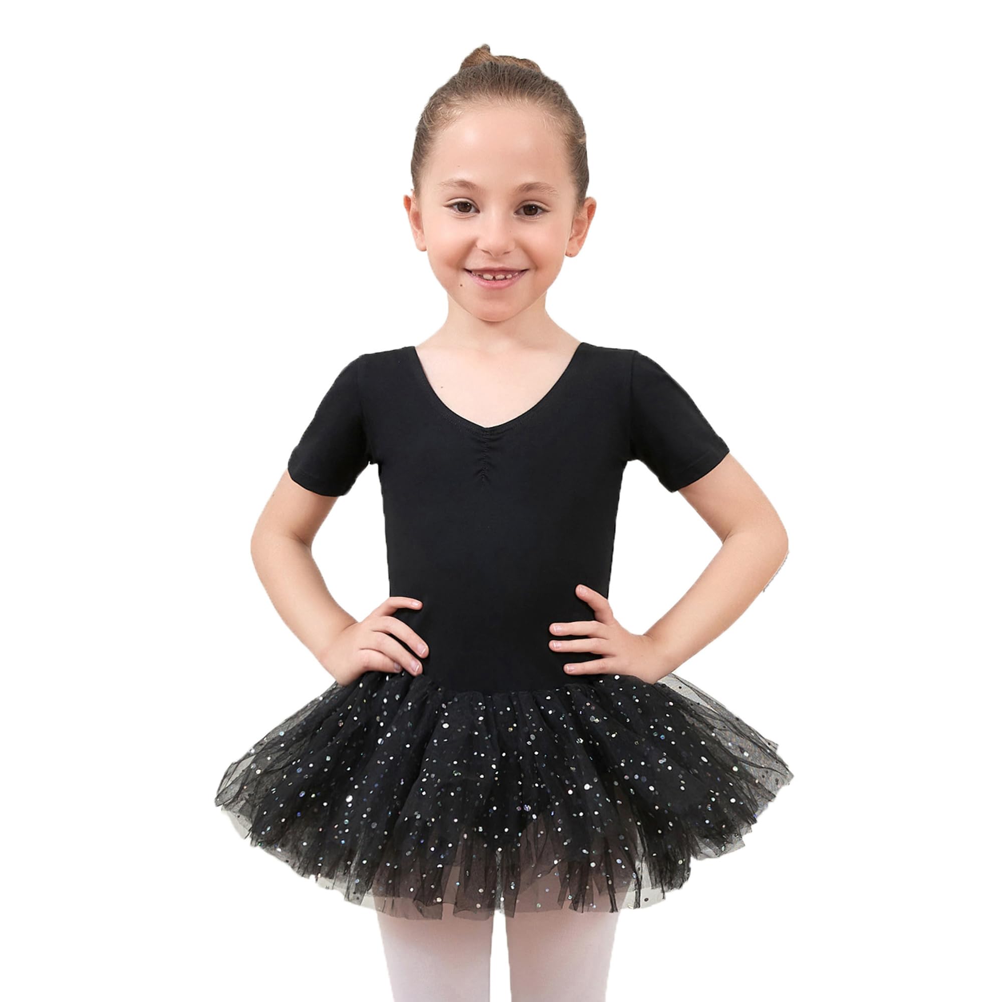 Girls Ballet Leotards with Tulle Dress Short Sleeve Crisscross Black-image-c2a2fb2f-d94c-438f-94b5-2b07f58ef721-49352