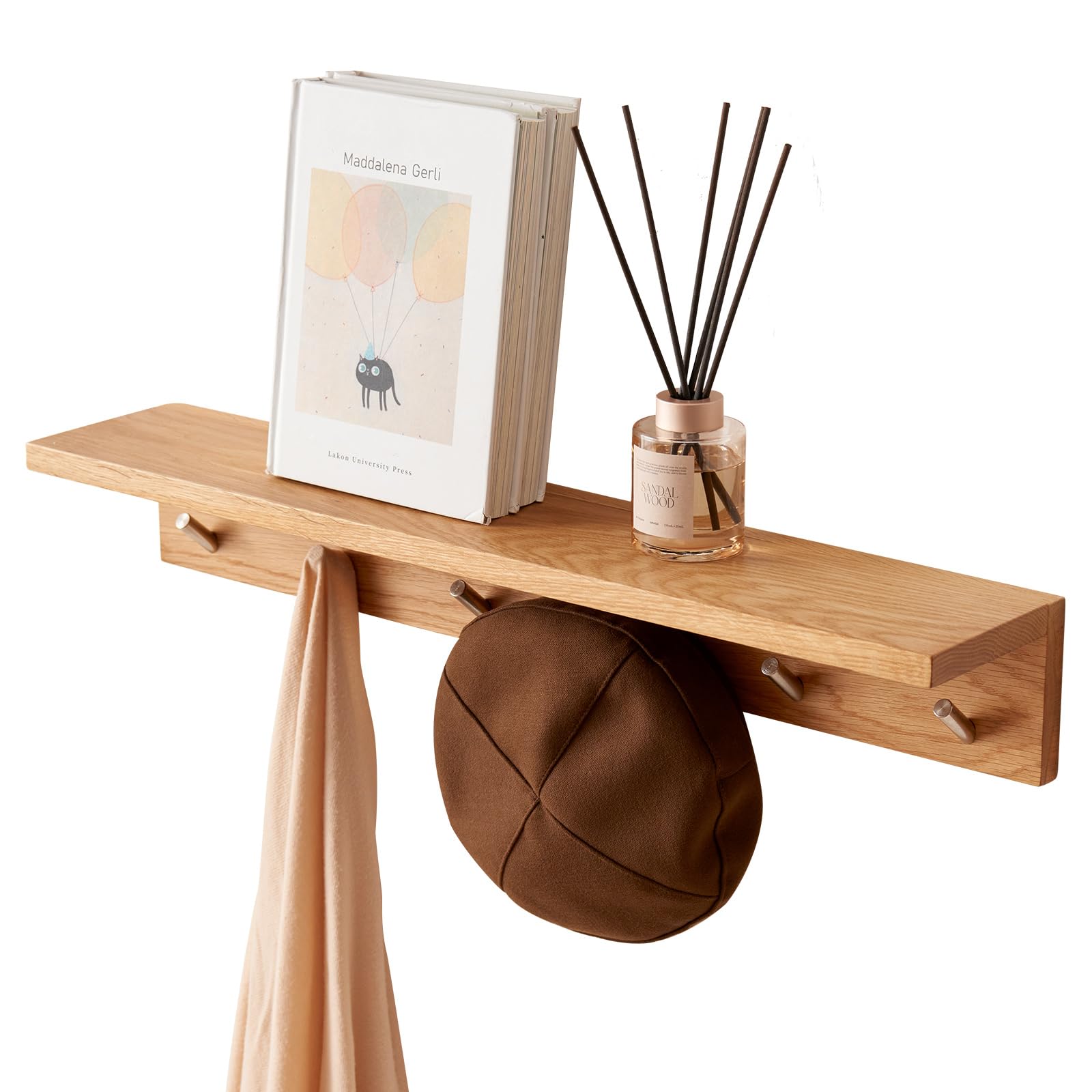 Solid Oak Floating Shelf with Hooks - Wall Mounted for Bedroom, Living Room, Bathroom, Office, Laundry - 70 CM-image-5f32661a-1b61-4869-ae56-bd196b1a99a3-75490