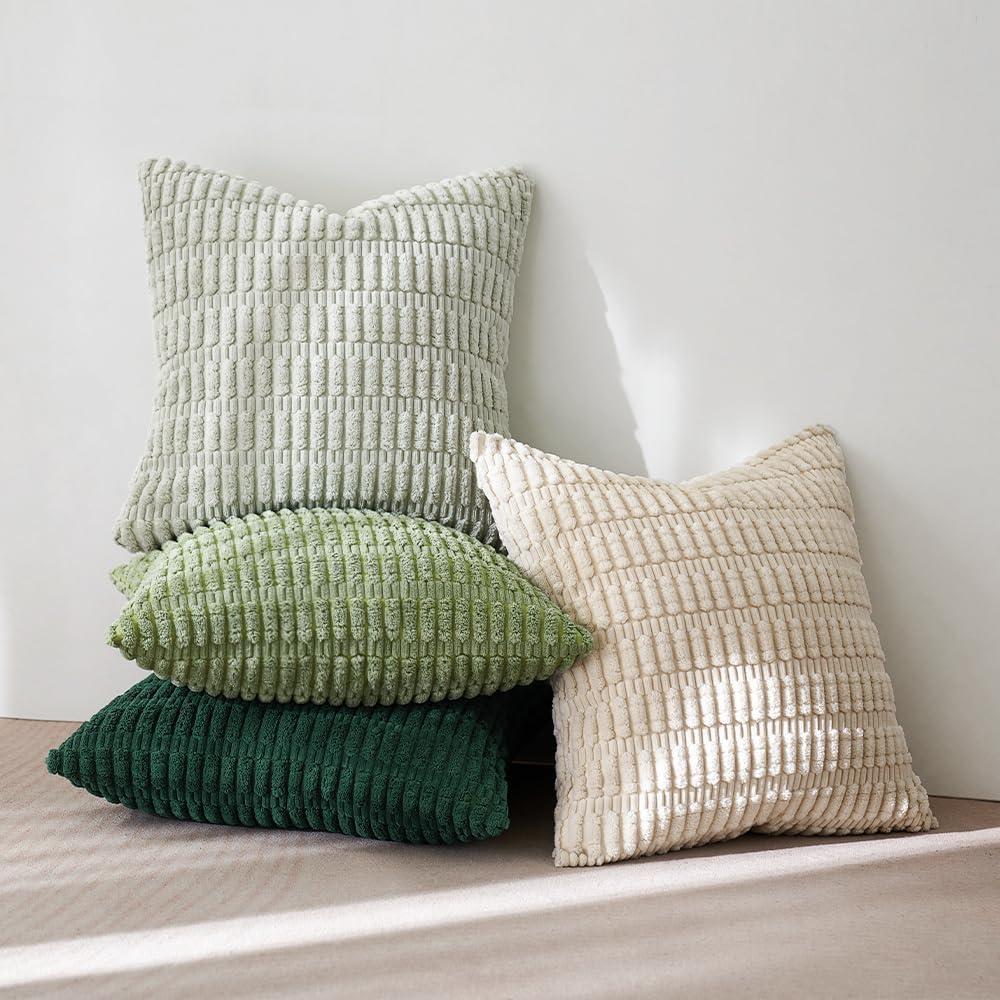 Pack of 4 Corduroy Cushion Covers, 45x45 cm, Boho Throw Pillowcases with Invisible Zipper - Green Series