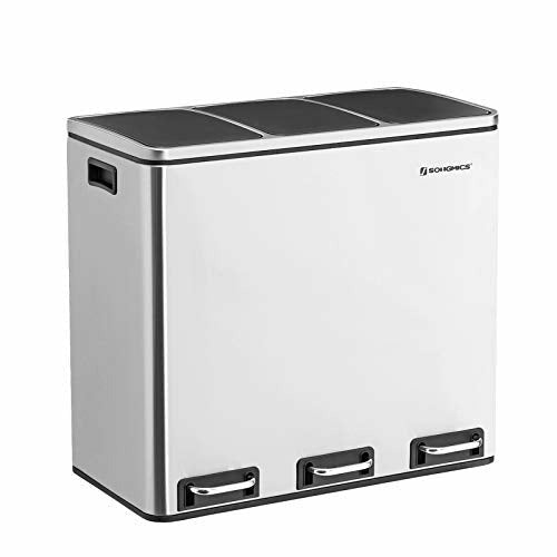 SONGMICS Recycling Bin, Triple Trash Can, 3 X 18L, Pedal Bin With