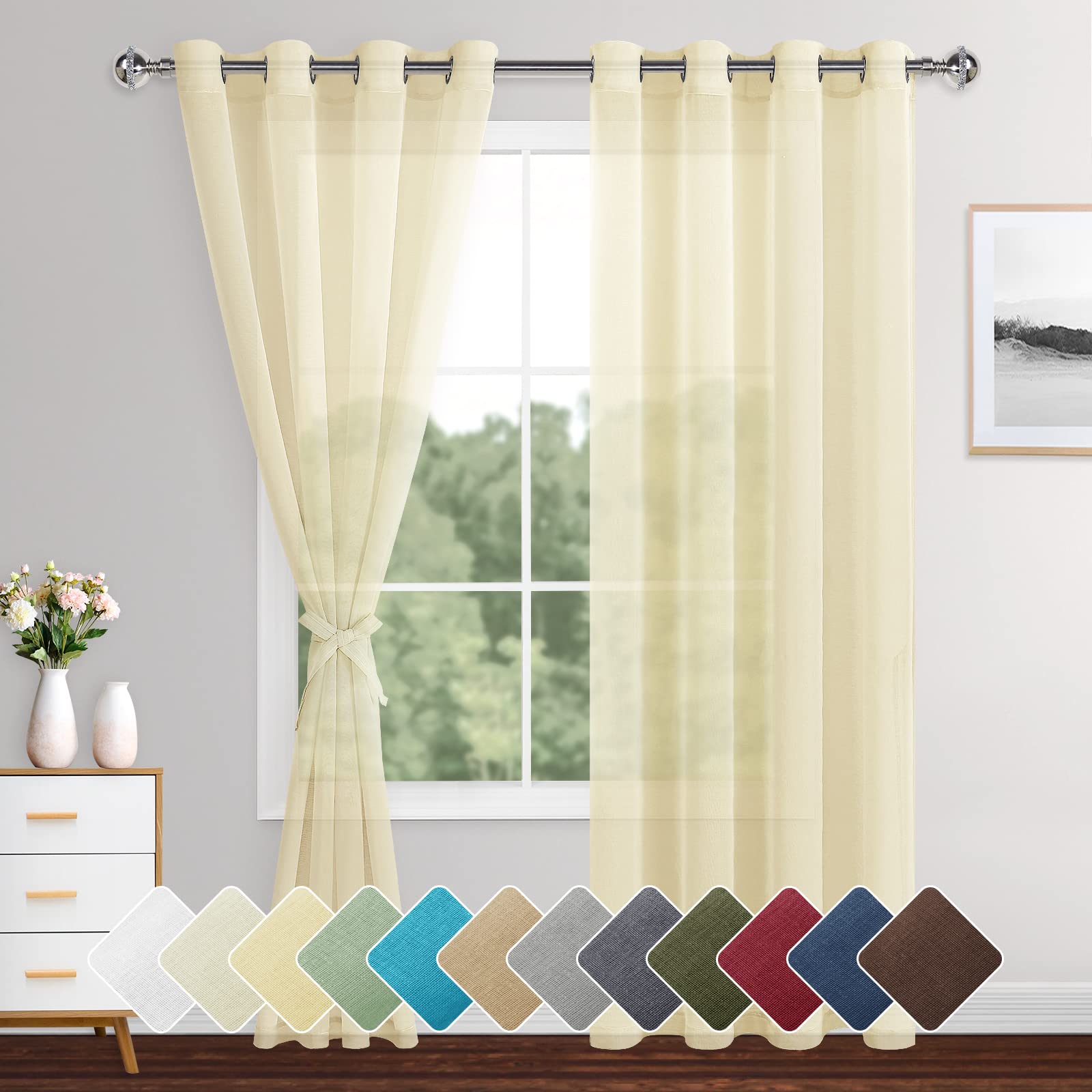 Beige Sheer Curtains Semi Transparent Eyelet XWZO Room,W55*L90，Set 2-image-26db458d-0df4-4f42-bd05-9f538710b5f5-55839