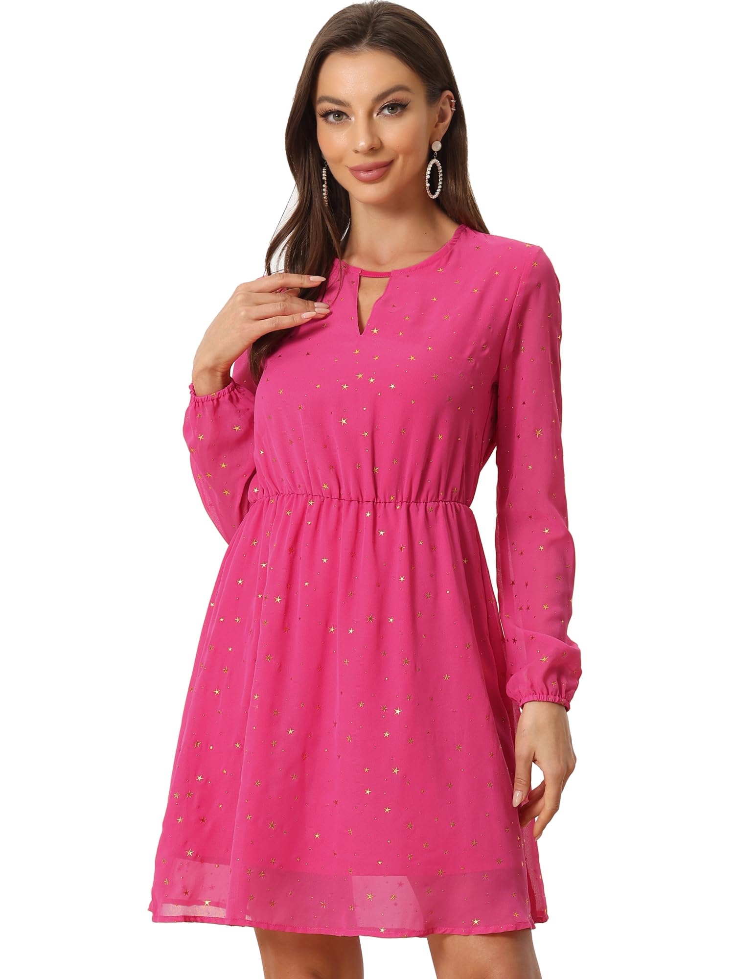Choker V Neck Star A-Line Dress - Hot Pink S-image-a5b623ca-9fae-4a9d-9049-4da3db8595bc-85660