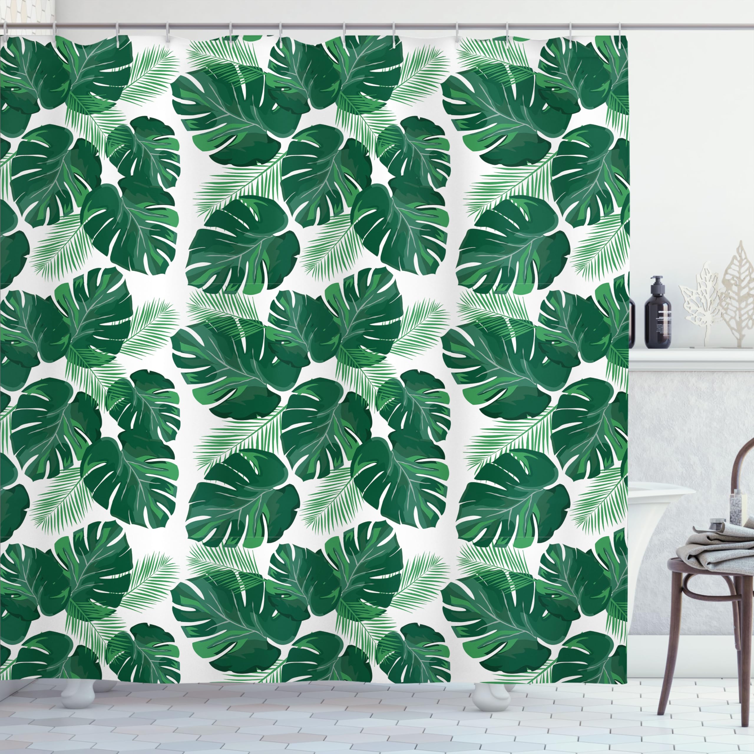 Stylish Leaves Shower Curtain 175x200cm - White & Jade Green, Quick Dry, Waterproof-image-e624c71c-a2f9-4f47-b32c-60d4705ea8ca-63629