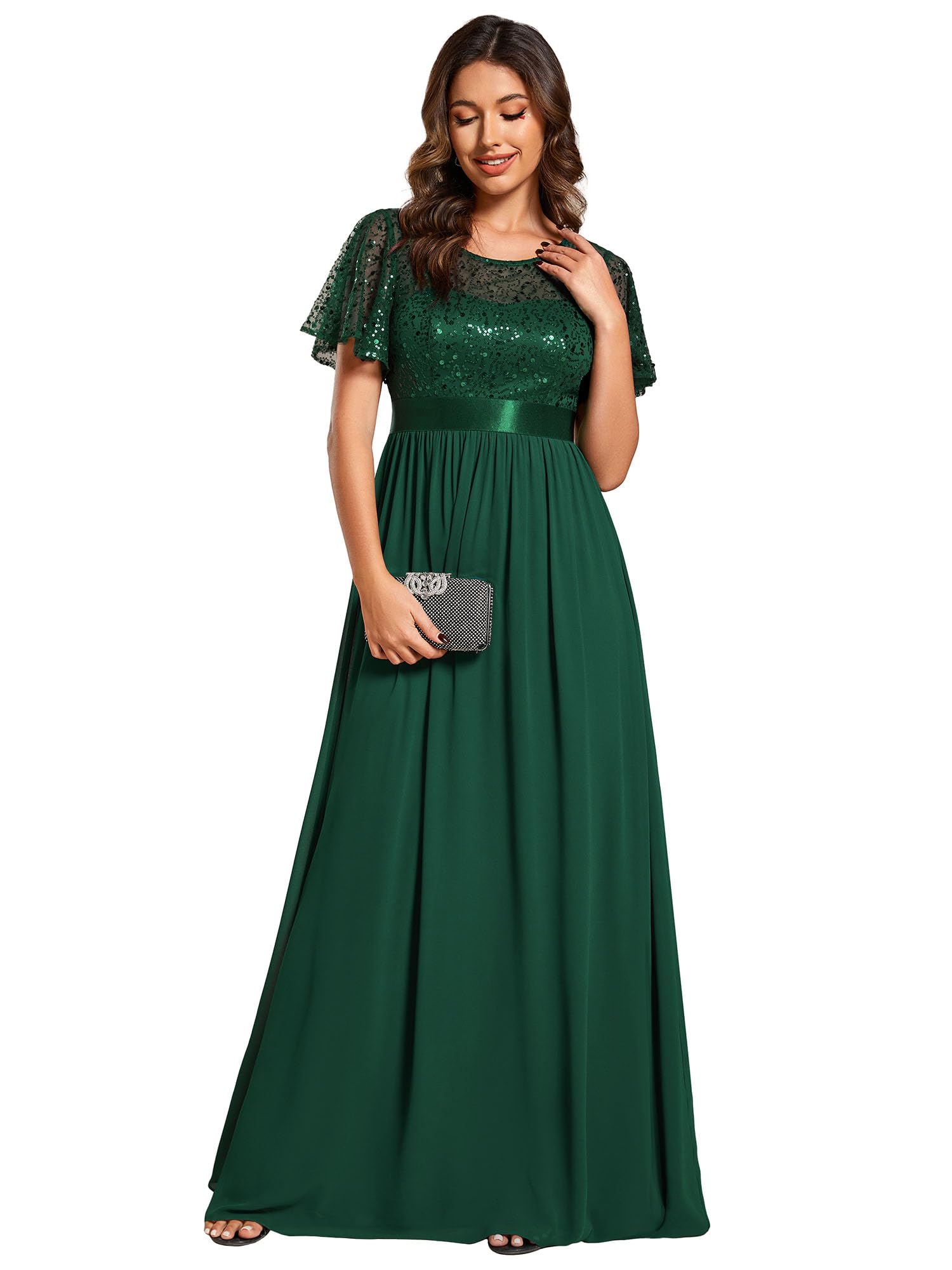 Ever-Pretty Women Prom Dress Round-Neck Sequin High Waist Short-Sleeved F