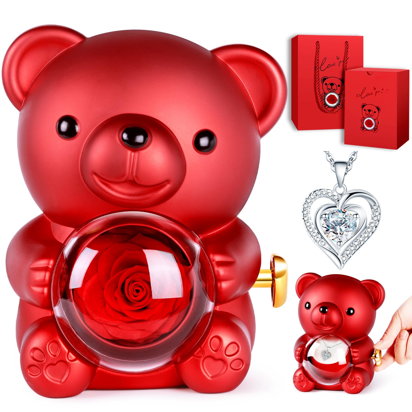 Teddy Bear Gift with Rose & Necklace - Red Bear White Diamond-image-f3bf33f2-b51e-4073-be80-38a08c816f90-94719