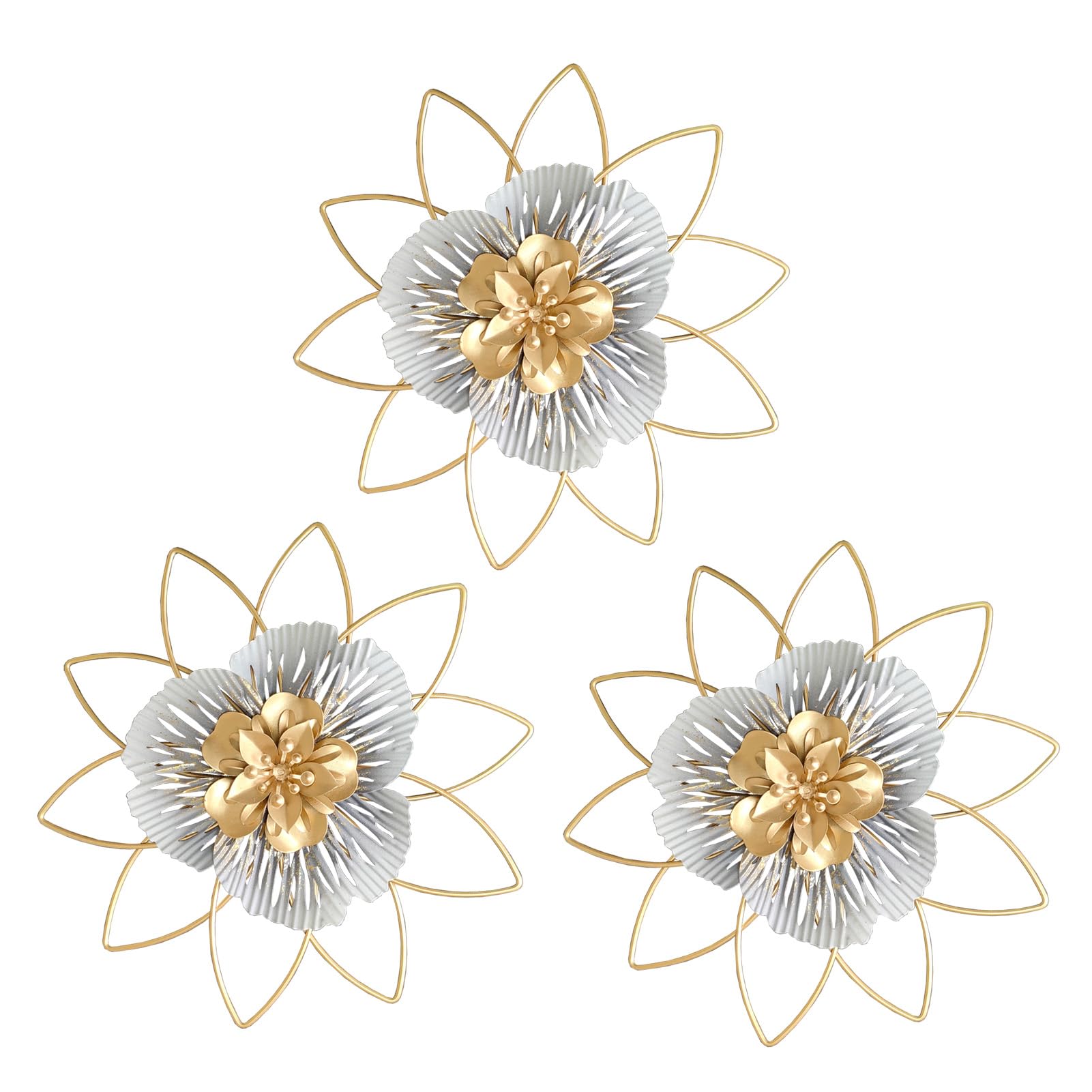 Metal Flower Wall Art 3D Hanging - Gold White Grey 3Pcs-image-79b34961-314a-4253-b8bf-2cae749a9508-107923