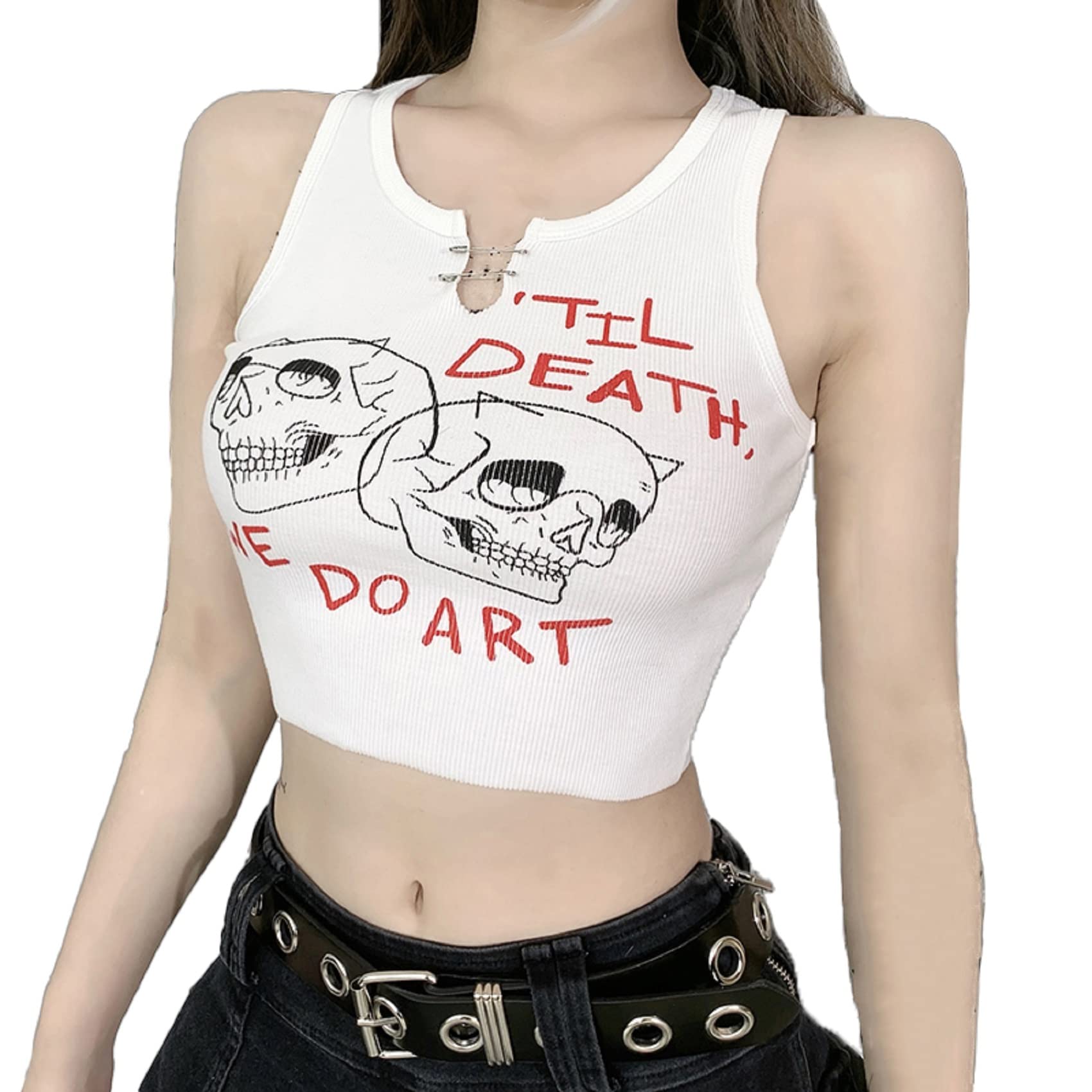 Women's White Gothic Skull Print Tank Top - Y2K Emo Punk Style
