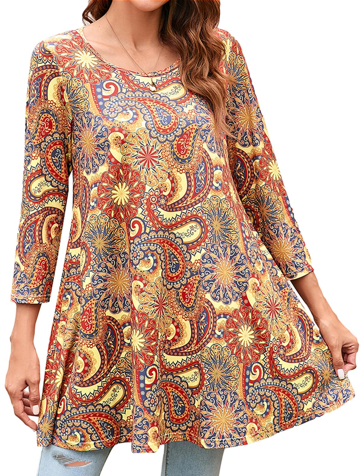 Women's Paisley Tunic Top - Yellow & Red M-image-9dea7b55-d615-4058-9f05-7037ac06c0c9-103564