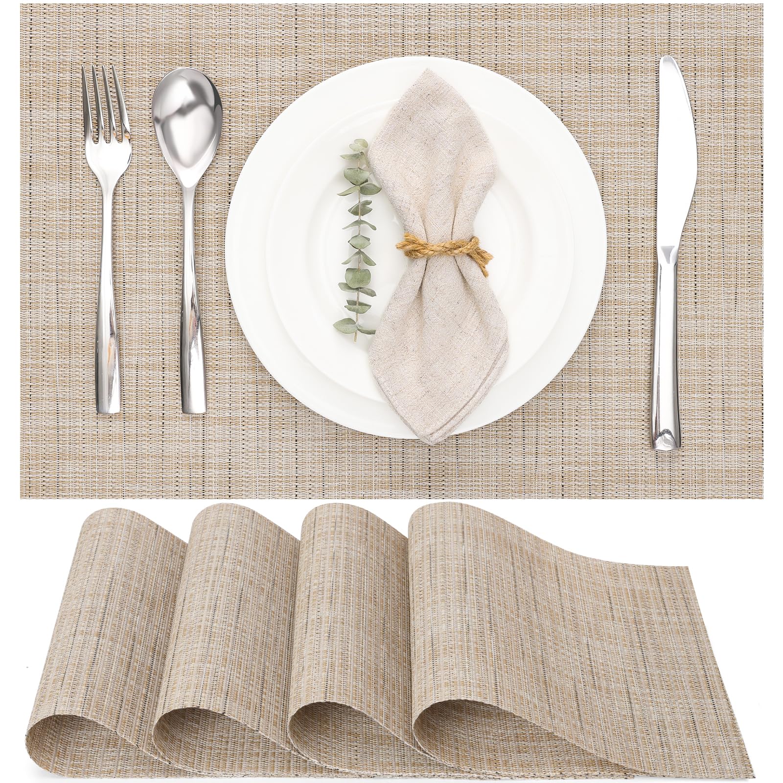 Set of 4 Non-Slip Washable Placemats - Heat Resistant Vinyl for Kitchen & Dining, 17"x12" Light Yellow-image-21688ab9-8618-4e25-8366-00b44a0e6c37-65895