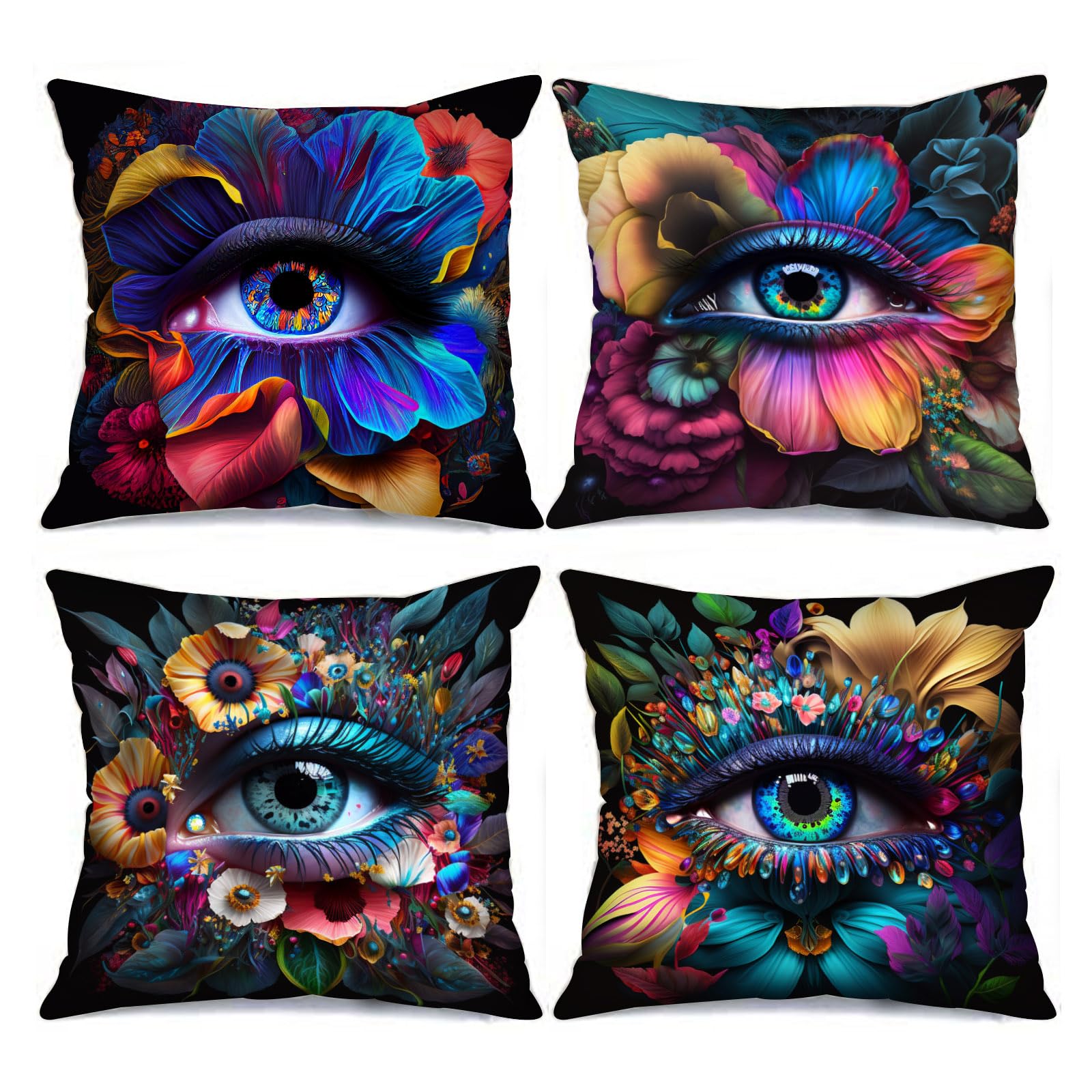 Modern Decorative Pillow Covers 18x18 Set of 4 - Fantasy Flowers, Sunflowers, Evil Eyes - Couch, Sofa, Bed, Car