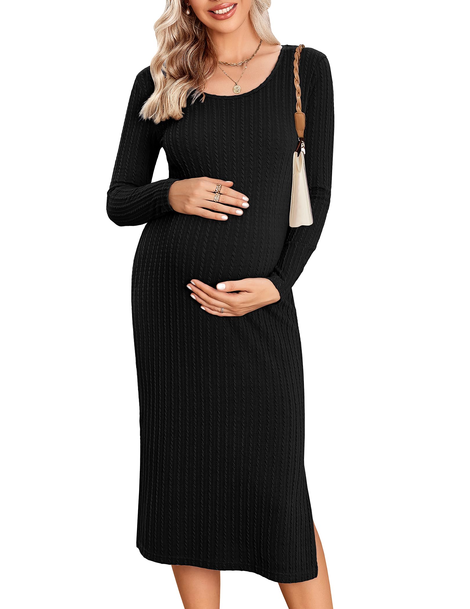 Stylish Women's Long Maternity Dress - Rib Knit, Long Sleeve, Split Design, Black, Size S-image-99014c78-e375-4626-9d63-62bba2884657-68569