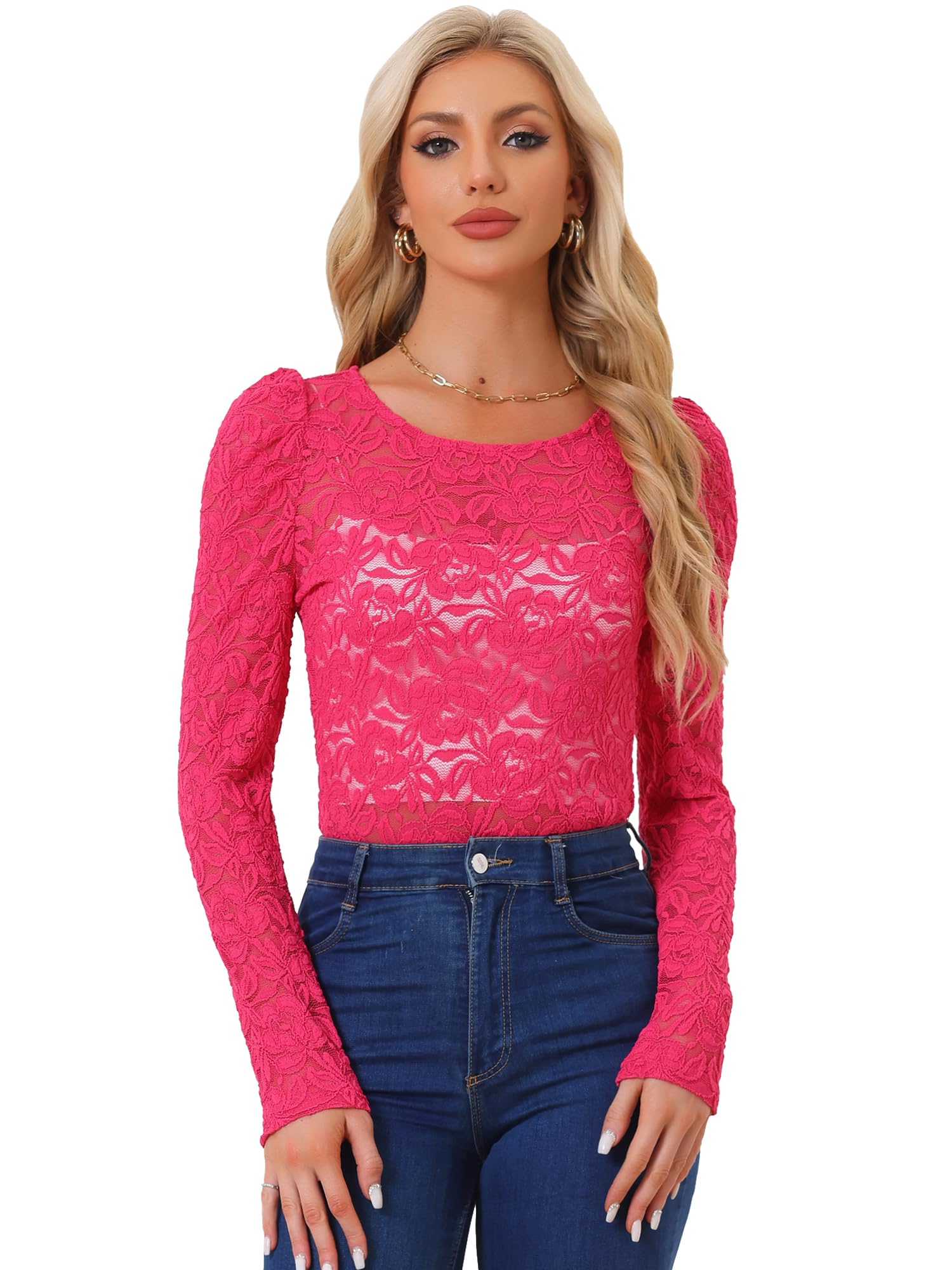 Women's Lace Puff Sleeve Blouse - Hot Pink S-image-aea4277d-235a-4d78-84c9-c2c838a16bc9-112689