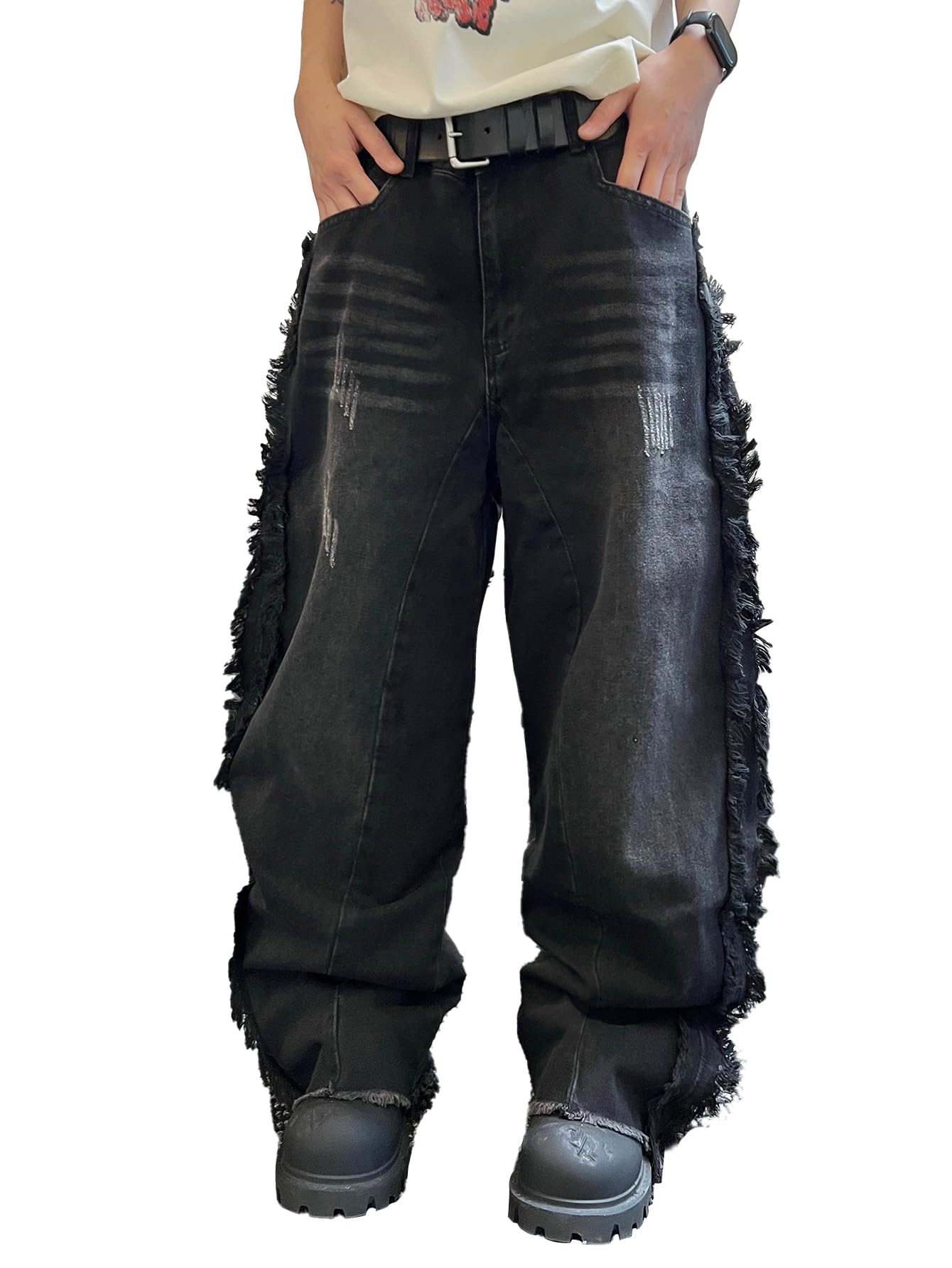 Men's Y2K Baggy Jeans Patchwork Fringe - Black XS-image-34cca078-0cde-47de-b525-bd12560adef5-95352