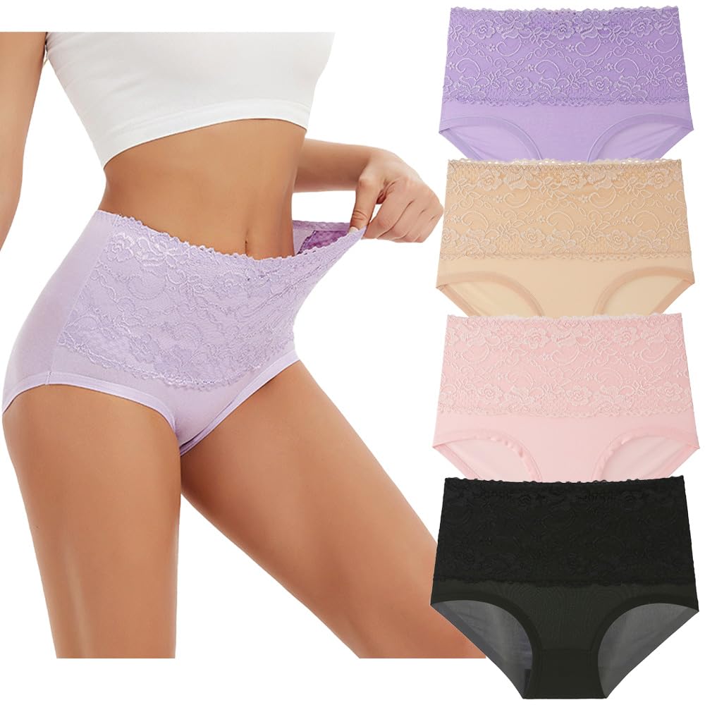Women's High Waisted Lace Knickers - Full Coverage Tummy Control Briefs (M-5XL) - 4 Pack-image-f8fe068f-c69f-48fd-bcd9-45793589268c-53036