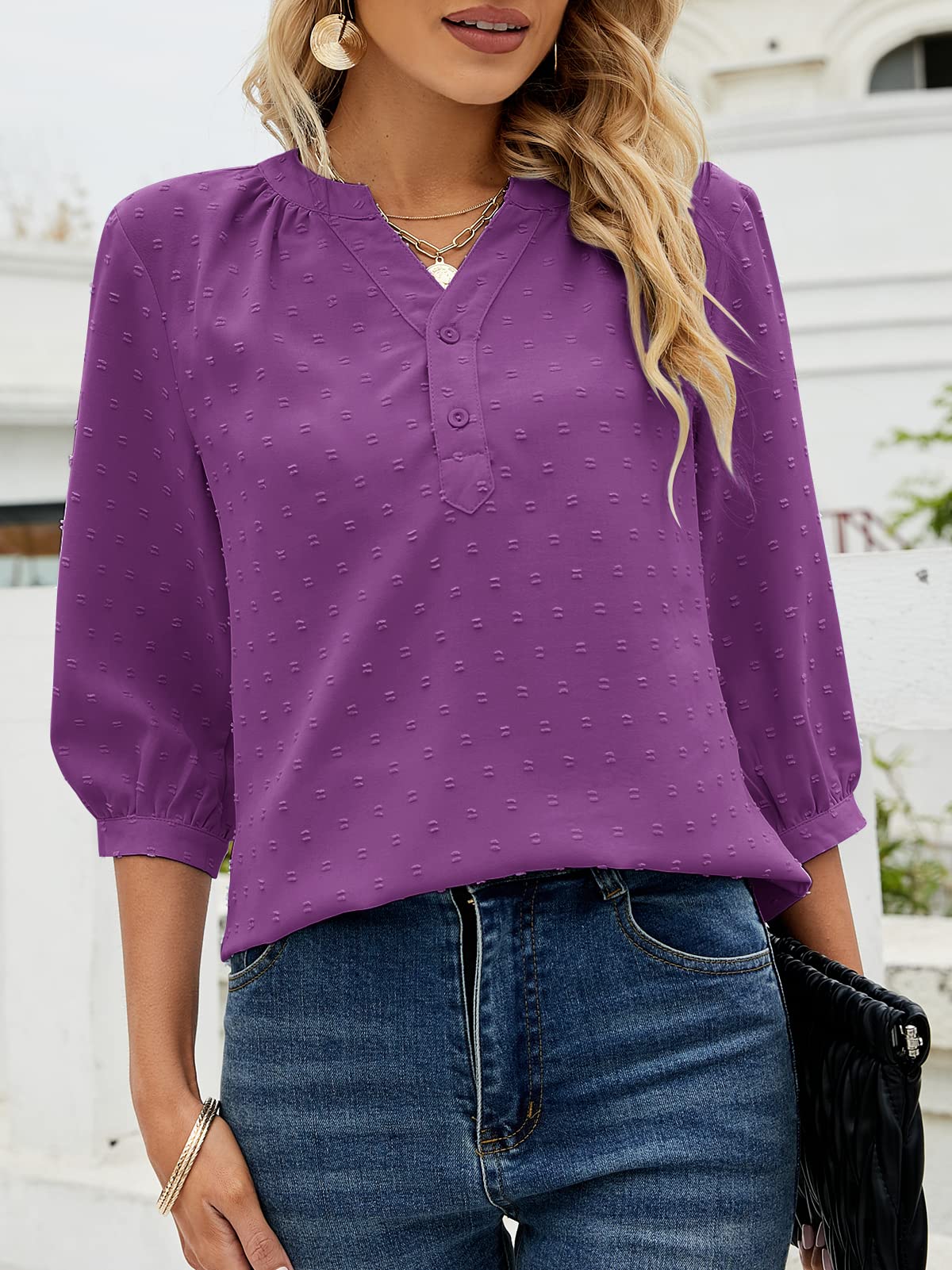 Bequemer Laden Womens Summer V Neck 3/4 Sleeve Blouses Swiss