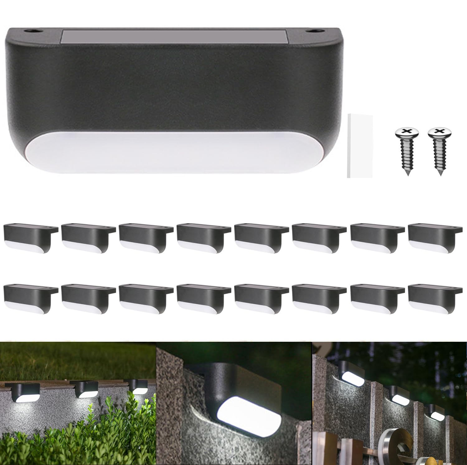 16 Pack White Solar Deck Lights Outdoor IP65 Waterproof LED for Stairs, Fence & Pathway-image-f8404208-bdcc-4456-b012-7bd41cb2d320-54738