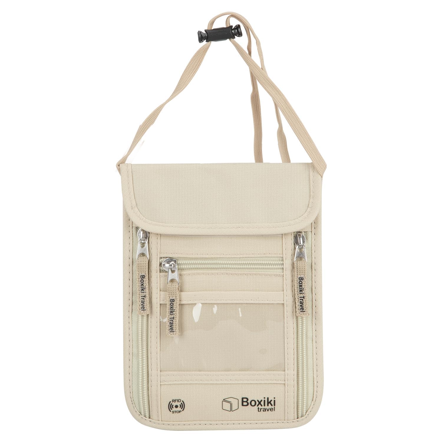 RFID Travel Neck Wallet Beige - Secure Passport Holder & Money Pouch with Adjustable Strap for Men & Women