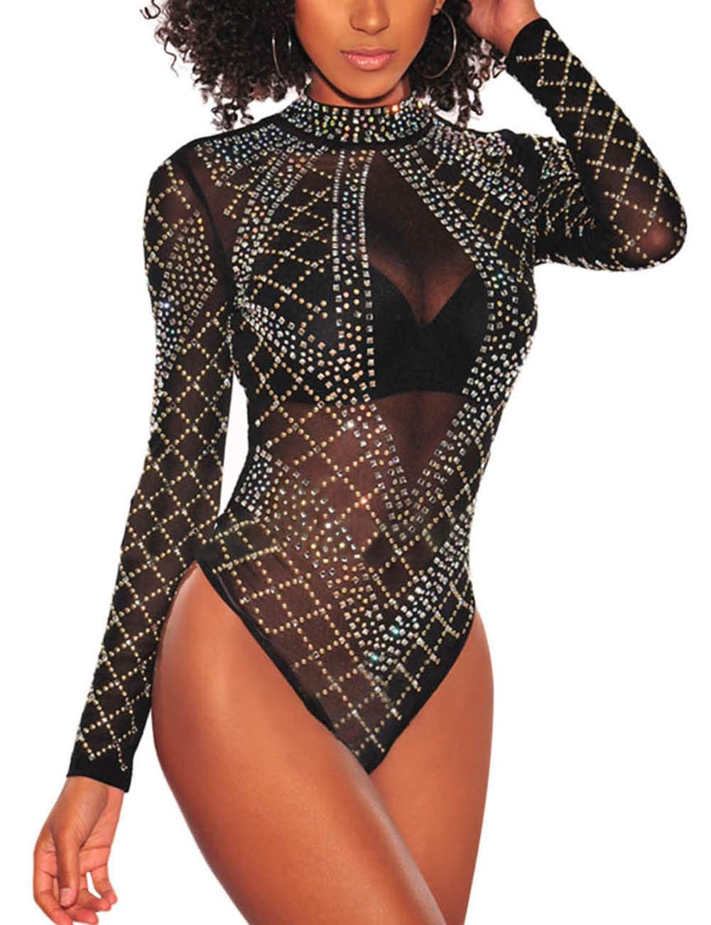 Elegant Women's Black Mesh Rhinestone Bodysuit - Long Sleeve, Sexy Clubwear, Size L-image-7be49375-916a-4790-9be8-2f7269859074-73835