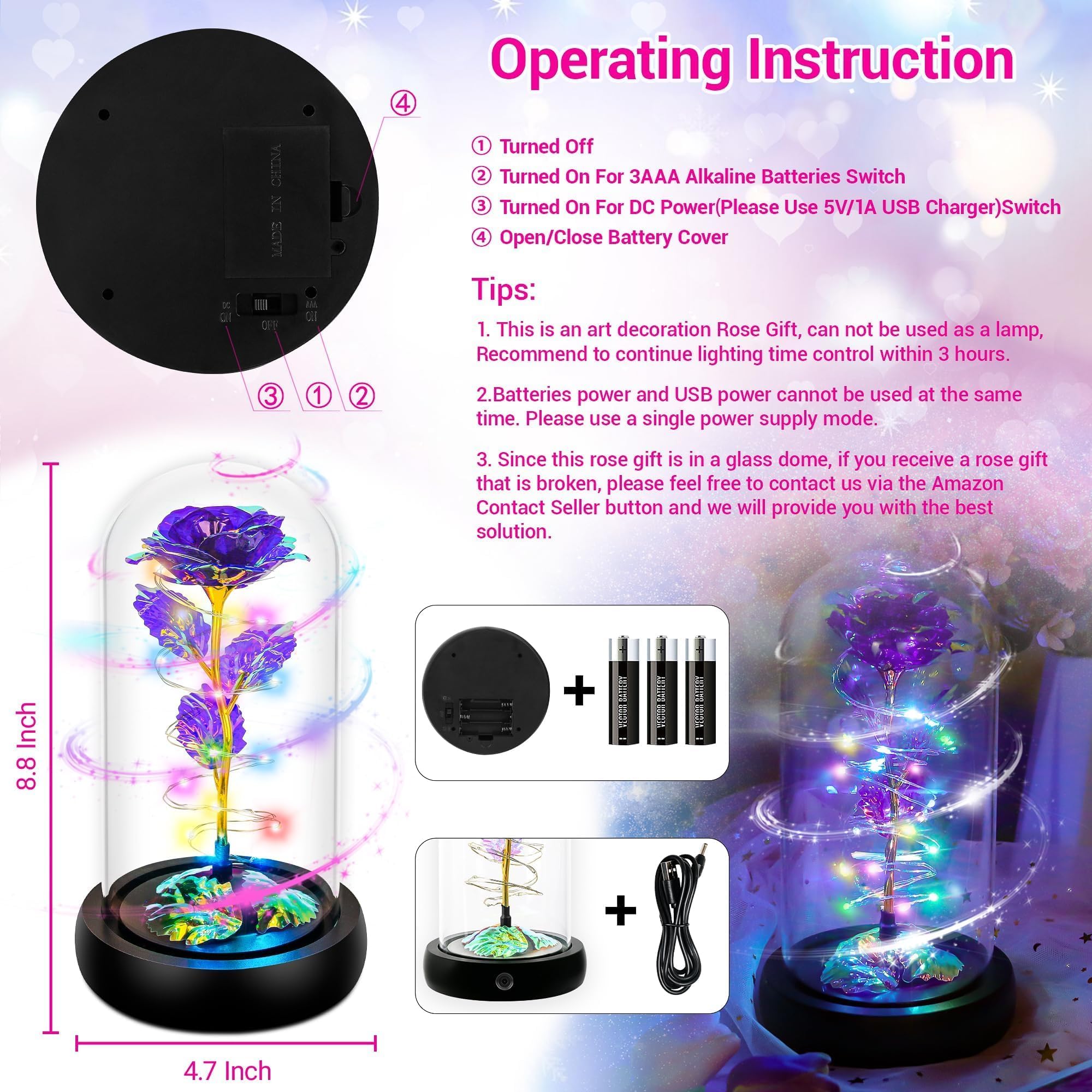 Rotating Colourful Purple LED Rose In Glass Dome - Perfect Gift