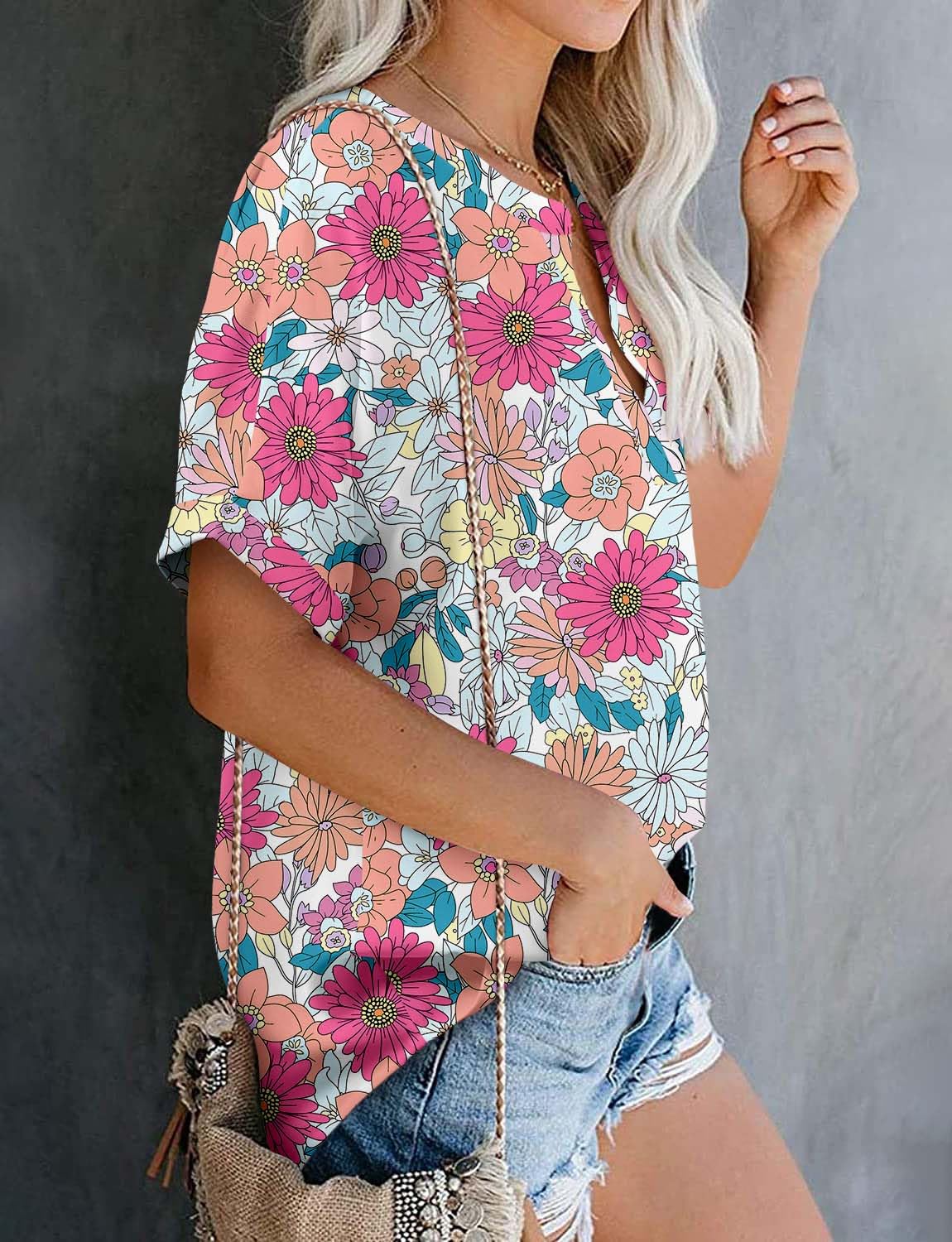 ファッション Magritta Short Sleeve Floral Blouses for Women Stylish Loose Fit Button Up Magritta Womens Tops Ladies Plus Size Blouses V Neck Short