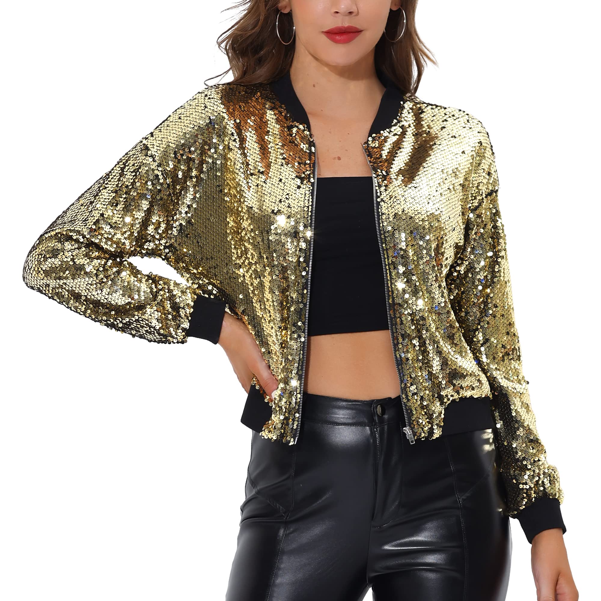 Women's Sequin Bomber Jacket - Gold XS