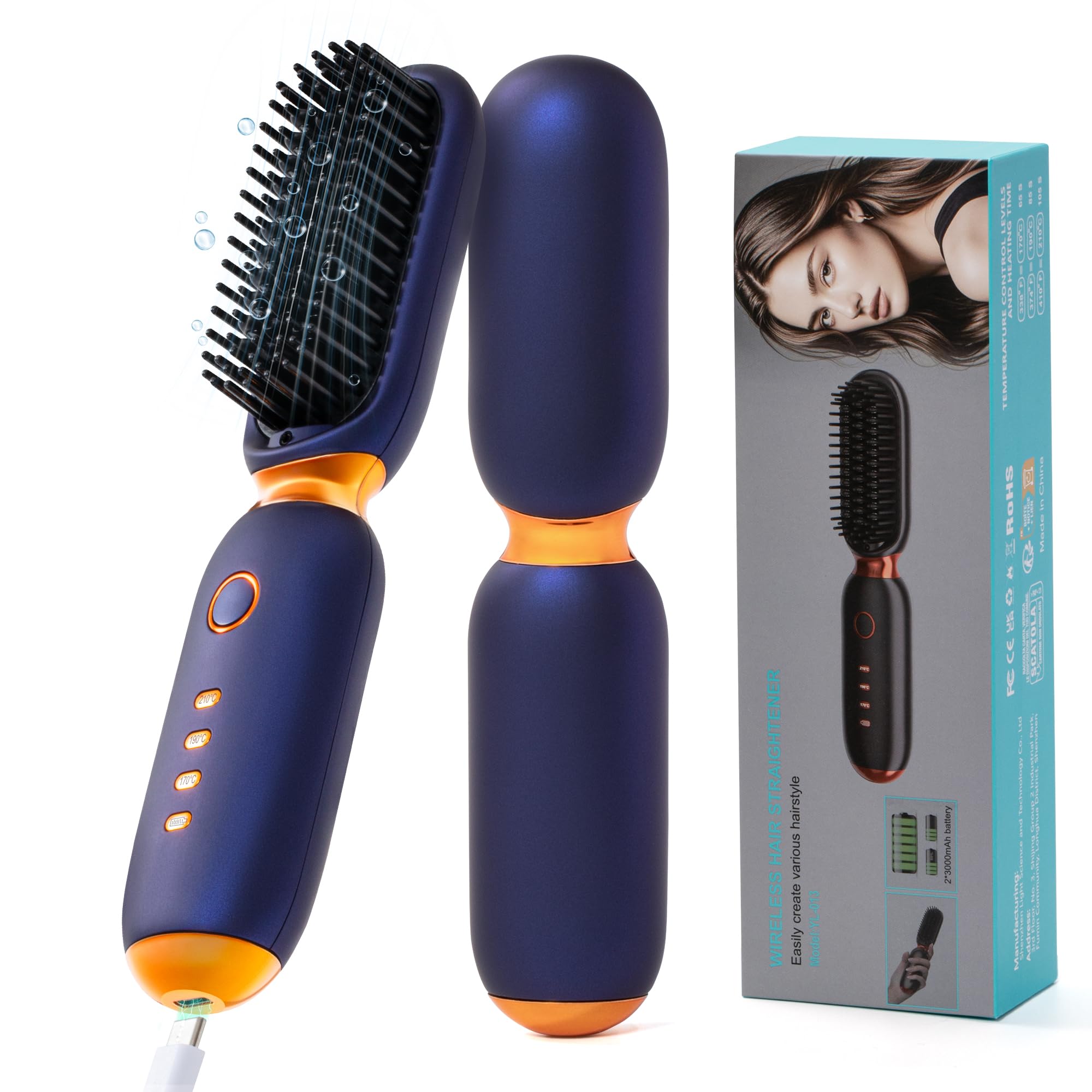 Cordless Hair Straightener Brush - Blue Travel Size