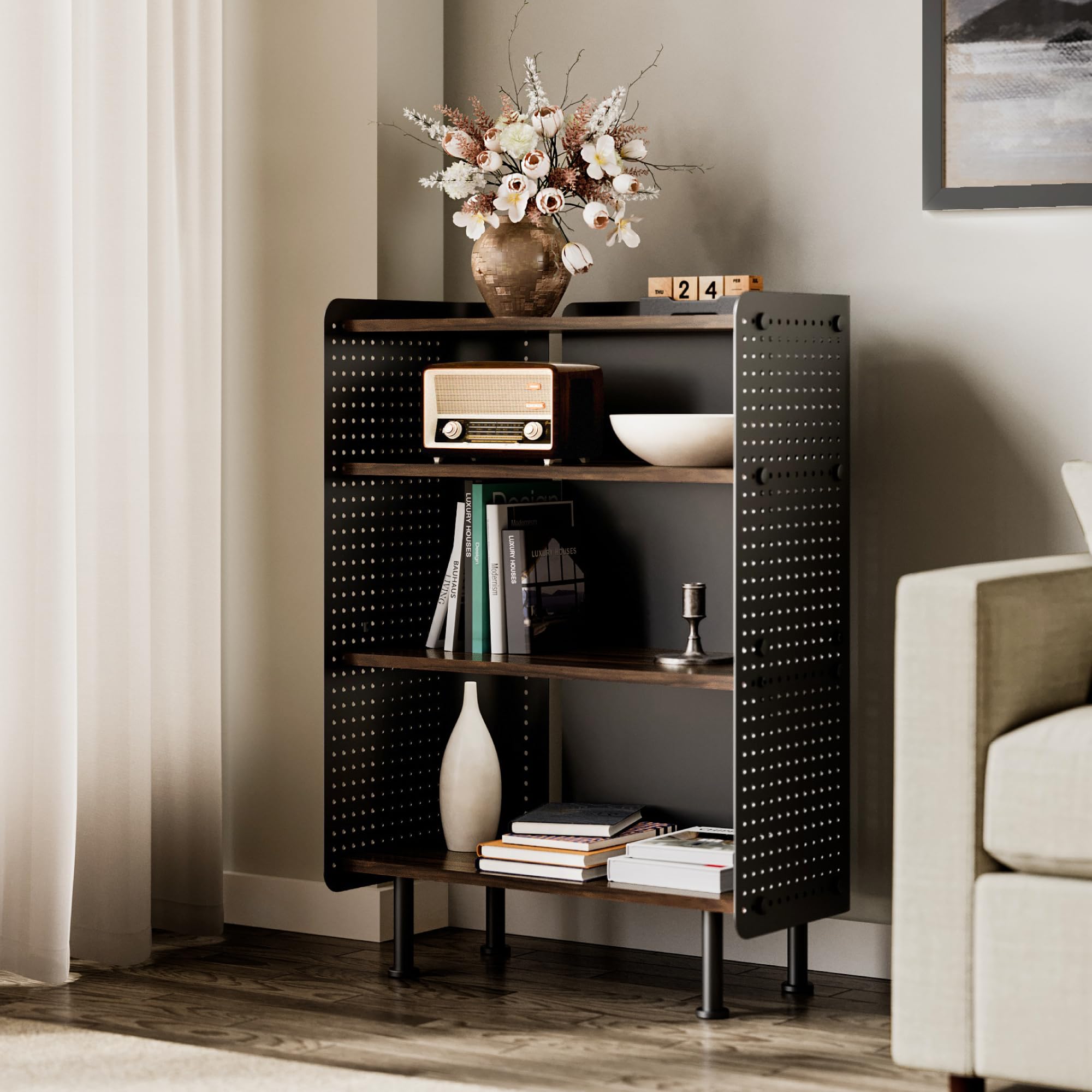 4-Tier Bookshelf with Pegboard - Brown+Black 61.6×31.2×85.3cm-image-ff10bf5f-f34c-458a-a3dd-0af9a2dff496-115293