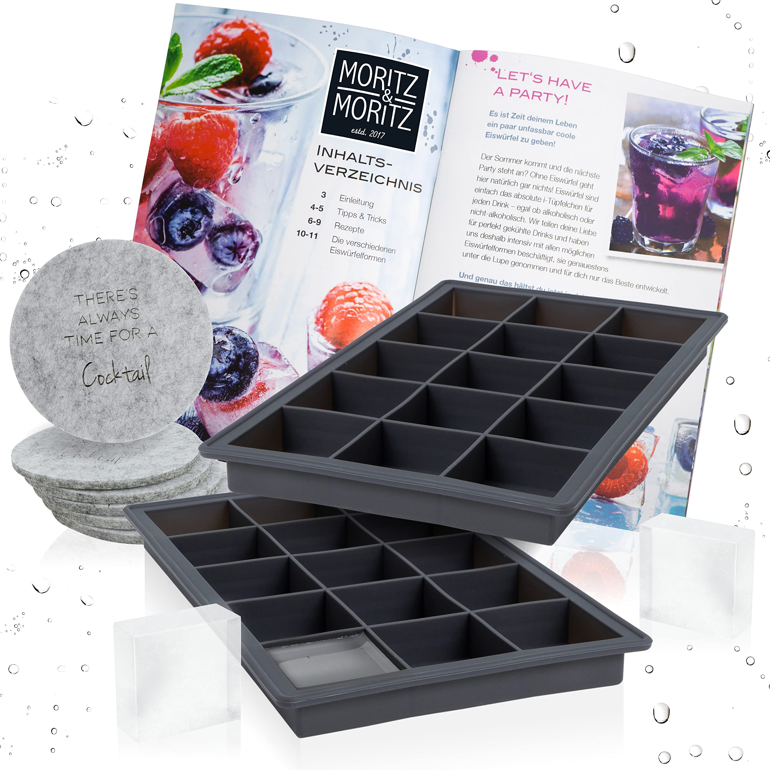 Moritz & Moritz Silicone Ice Cube Moulds - 2 x 15 Square Trays with Coasters & Recipe Book-image-866479d3-cf97-46f0-a756-6bdbe52d8ed5-60107