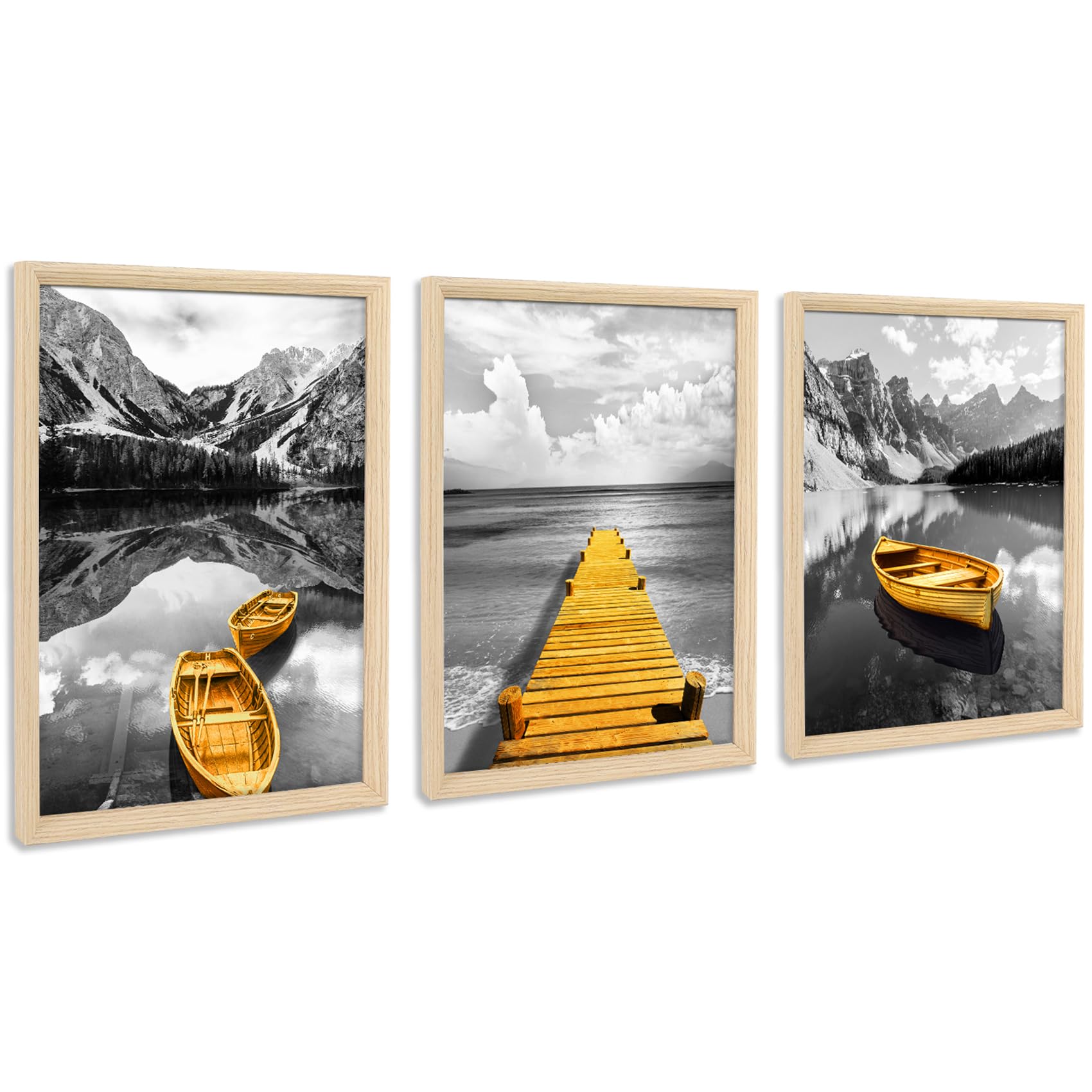 Framed Canvas Wall Art Mountains & Lake - Grey Gold 30x40cmx3-image-936f1243-d0e7-4f16-99f1-249e0844c466-104074