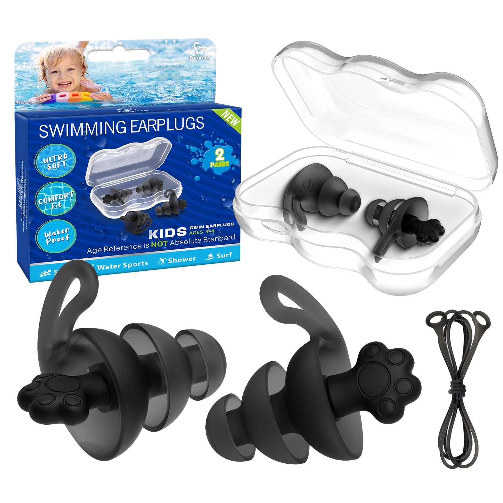 Waterproof Kids Swimming Ear Plugs, 2 Pairs - Silicone Cord, Ages 3-4-image-f327a208-681b-4fb8-b30e-d4dab17e9fa2-63902