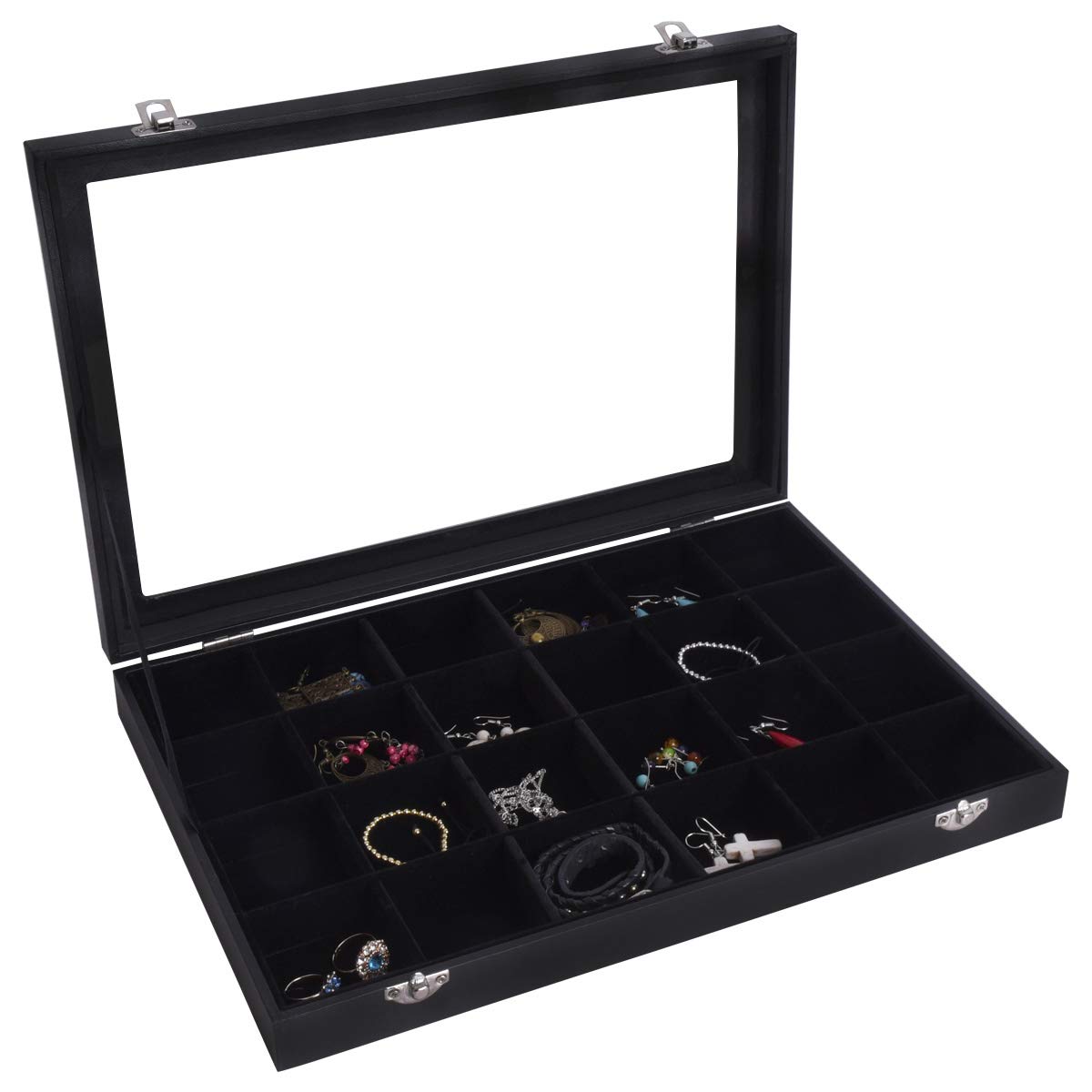 Velvet Jewellery Box with Clear Lid, 12-Grid Display Organizer, Black-image-f3e481fa-684f-4189-ace3-54d5dbe4a4b3-61666