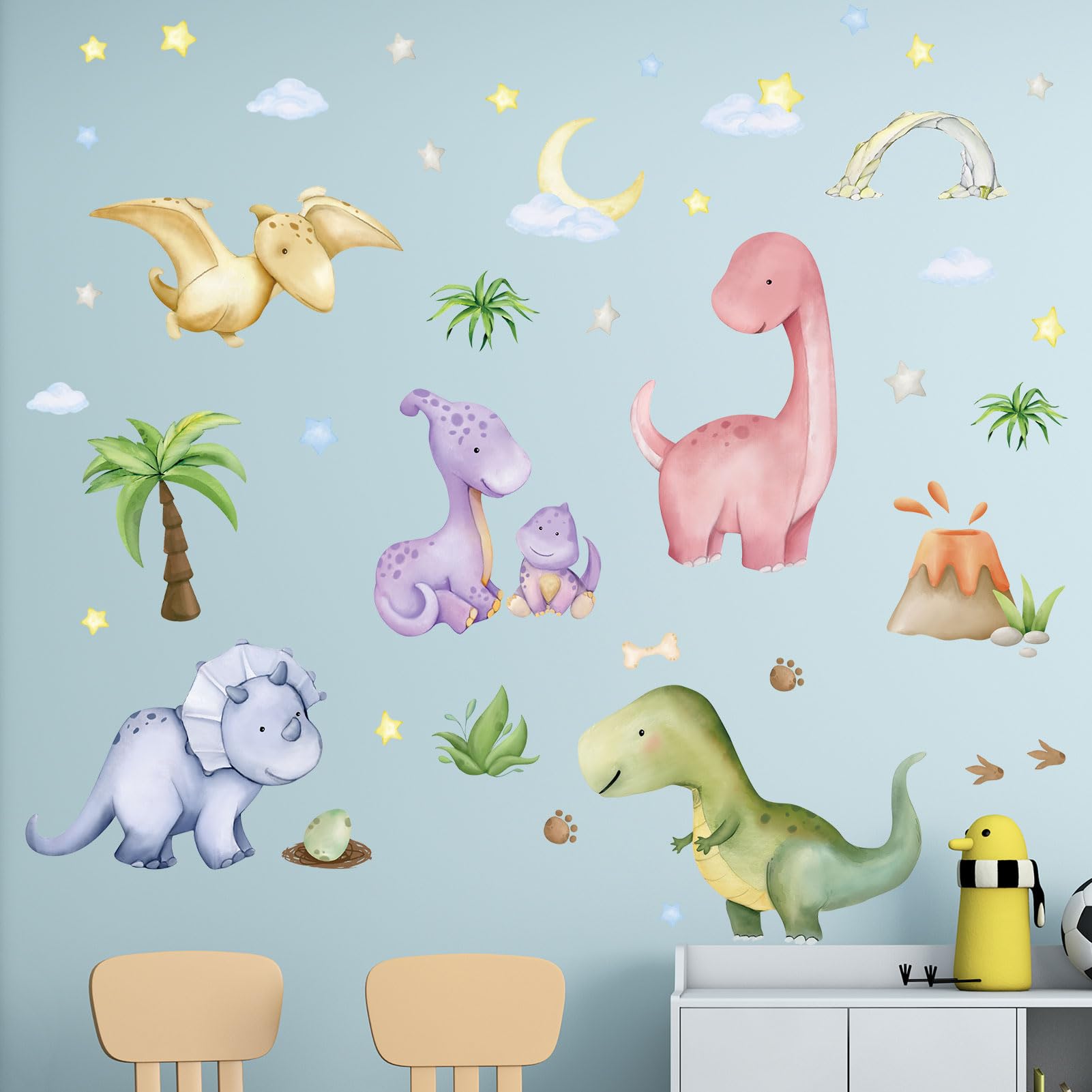 Kids Dinosaur Wall Stickers for Boys: Peel and Stick Volcano Cave 1-12