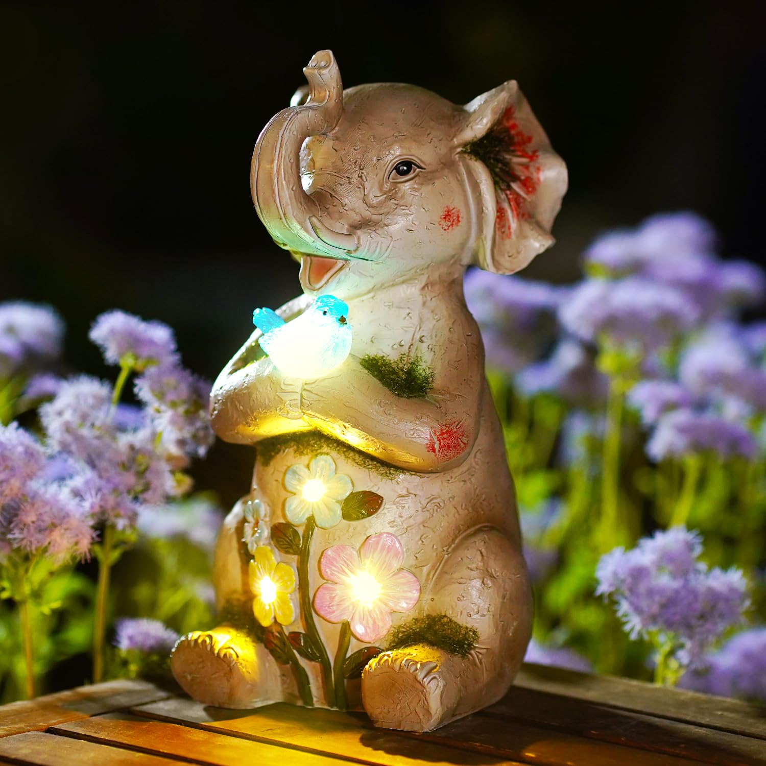 Solar Elephant Garden Statue with LED Bird - Brown-image-fe28bb2b-0e5c-40d7-8678-3d37eba09911-94515