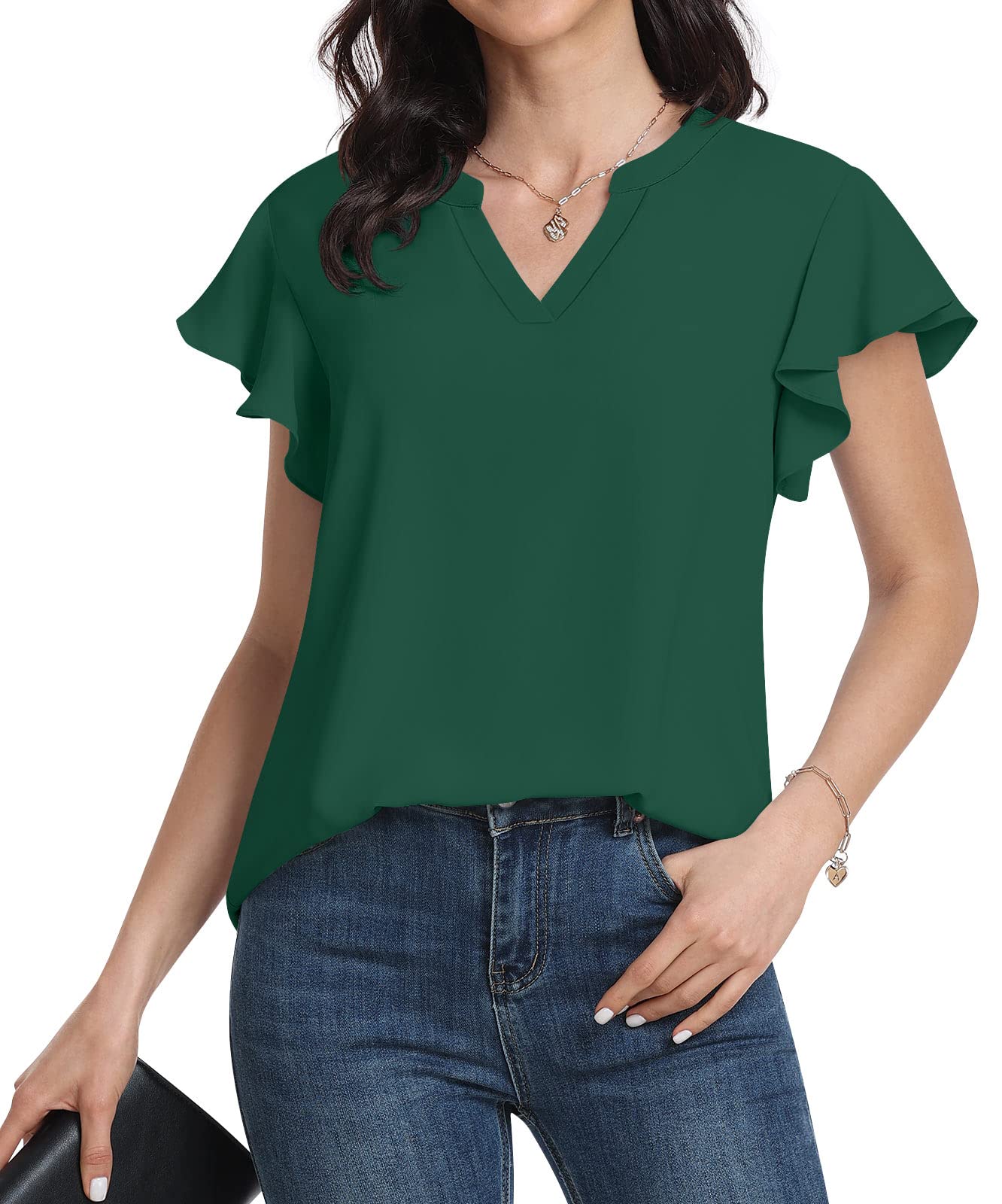 Anyally Women’s Notch V Neck Tops Dressy Casual Chiffon Blouse Green