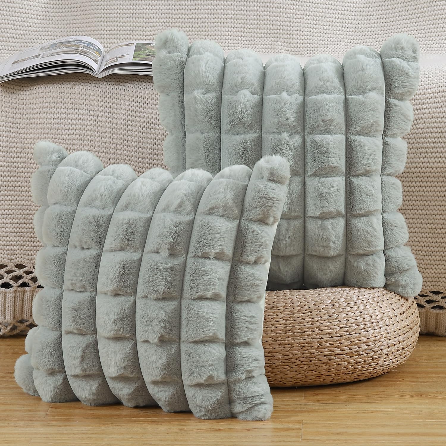 Faux Wool Cushion Covers Set of 2 - Plaid Light Grey 55x55 cm-image-a52ff9be-5298-458b-8ab3-0859ecdb7eeb-123490
