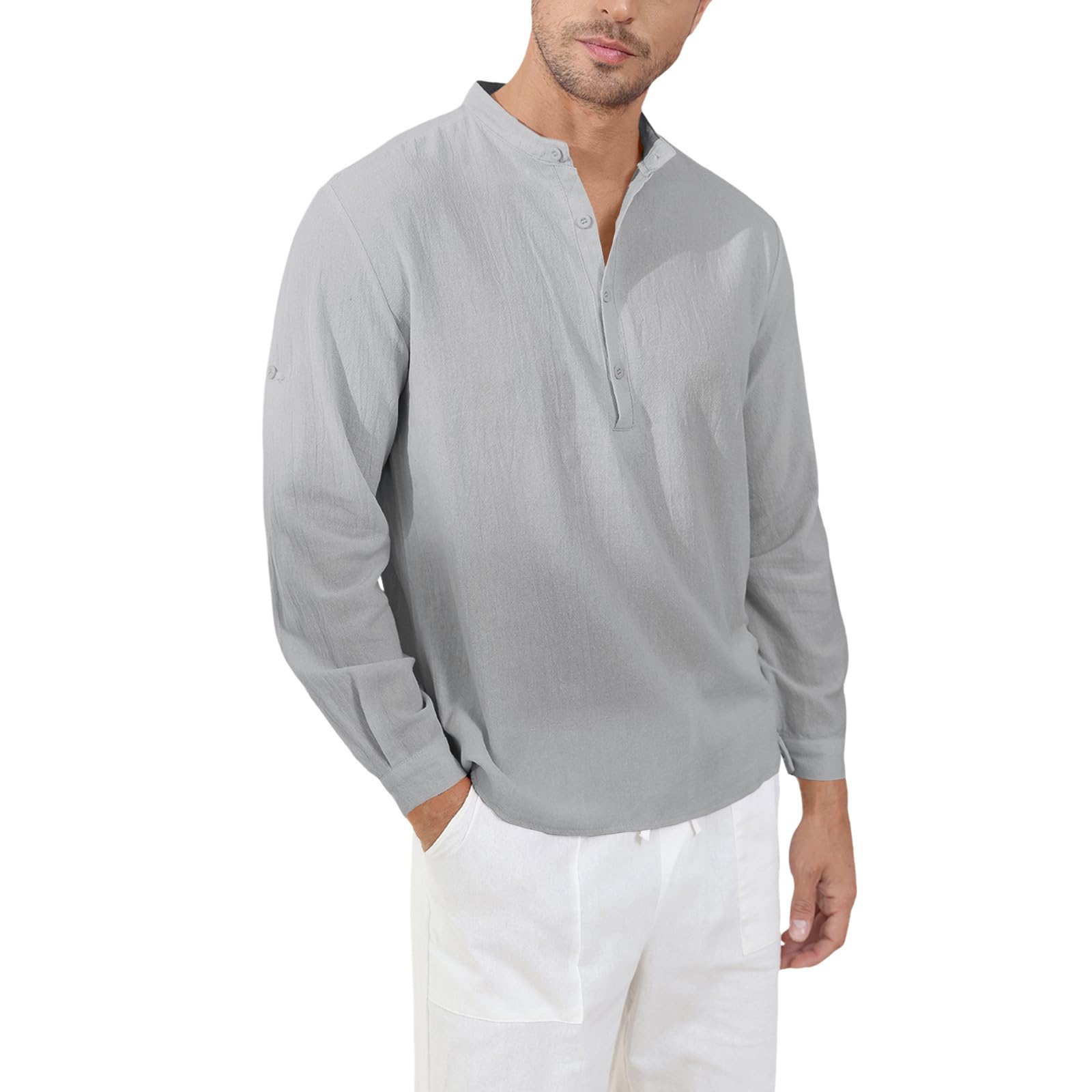 Men's Linen Cotton Henley Shirt - Grey 3XL-image-95ac3018-6a20-4c0f-b9b1-9923d00fea53-100691