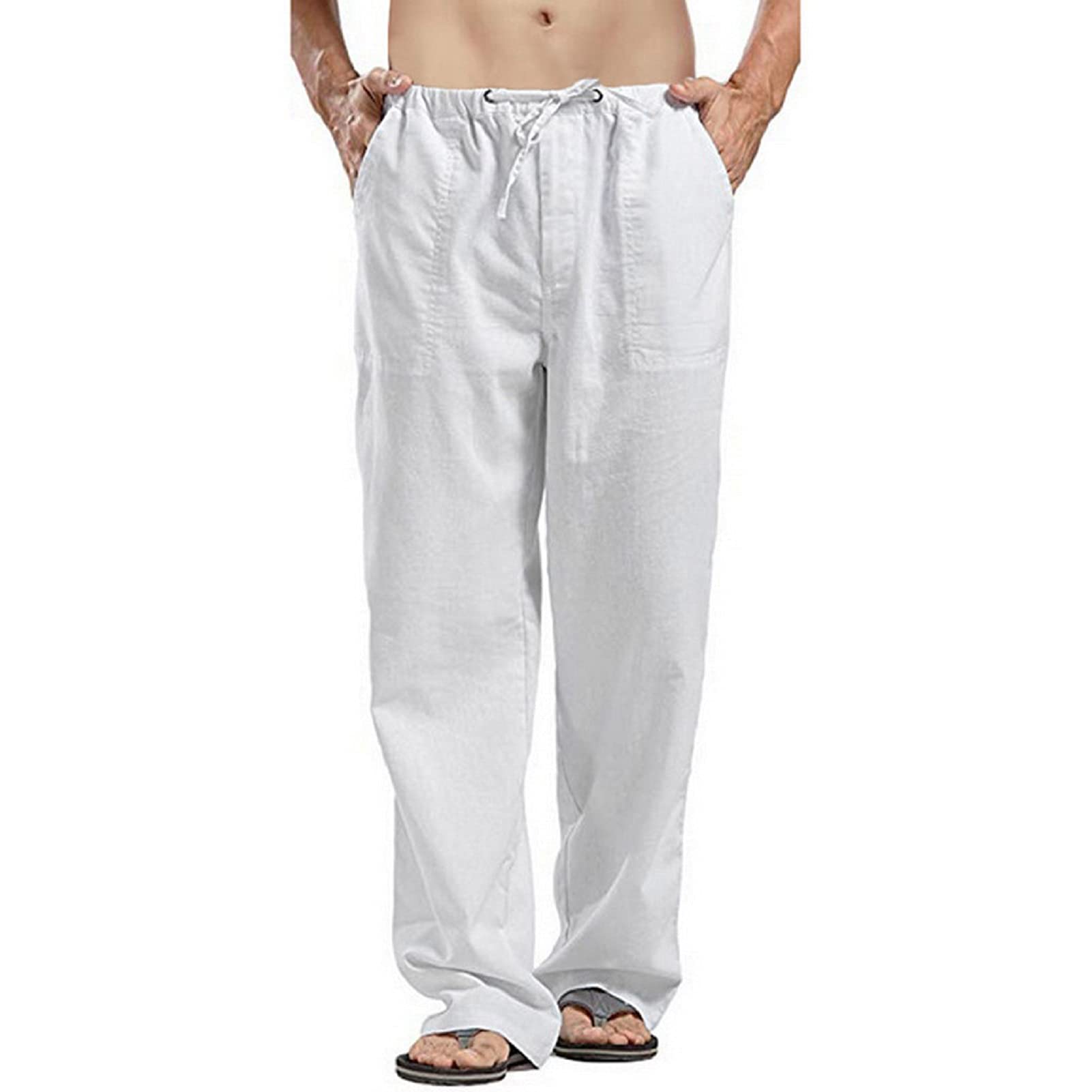 Men's Linen Trousers - Casual Loose Fit, Elasticated Waist, Lightweight, White XL - Ideal for Yoga & All Seasons-image-7aea4c88-0d51-4bce-aeb7-c2eb6fcf3696-77686