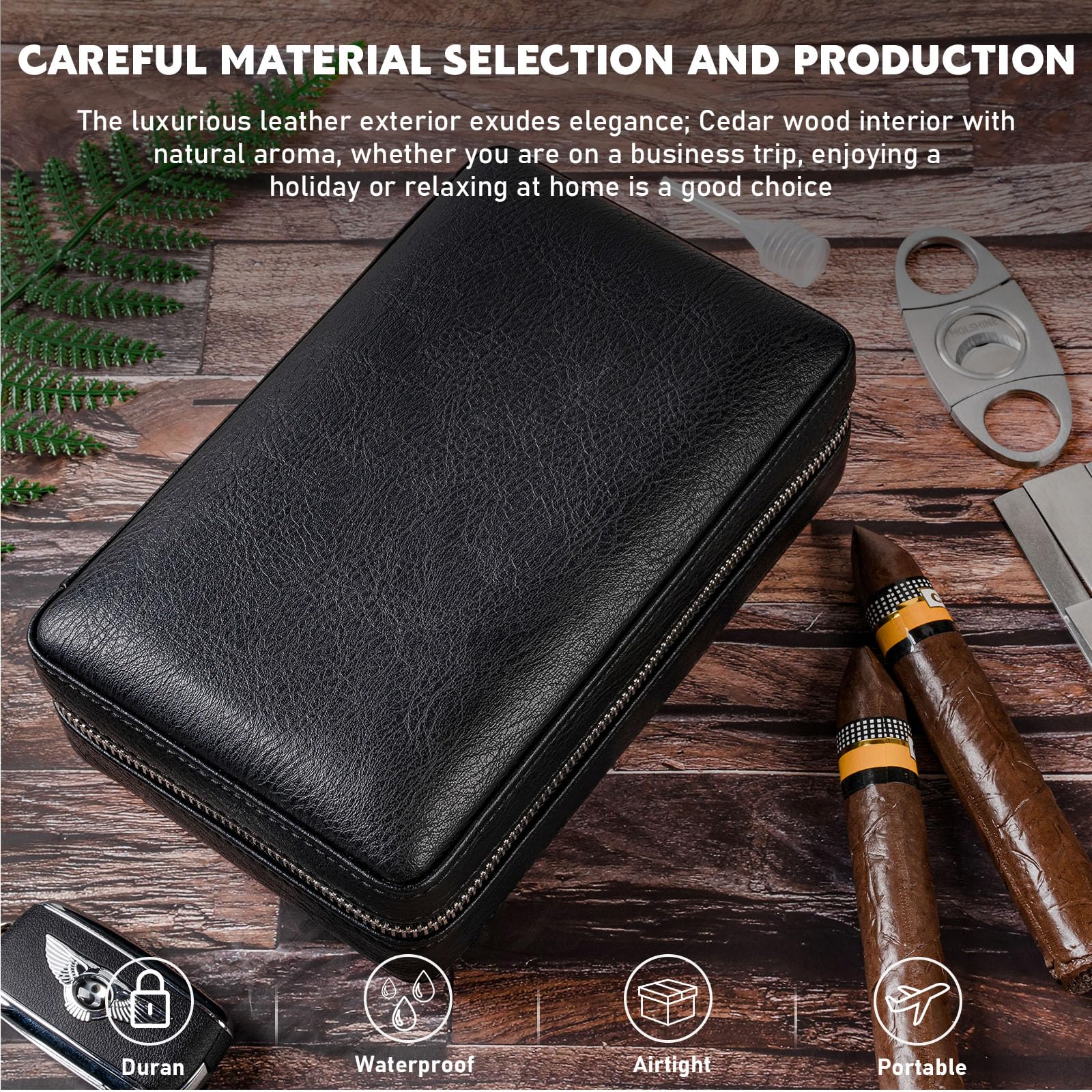 Galiner Leather Humidor Cigar Case 3 Tube Cedar Wood With Metal Cutter Gift Box