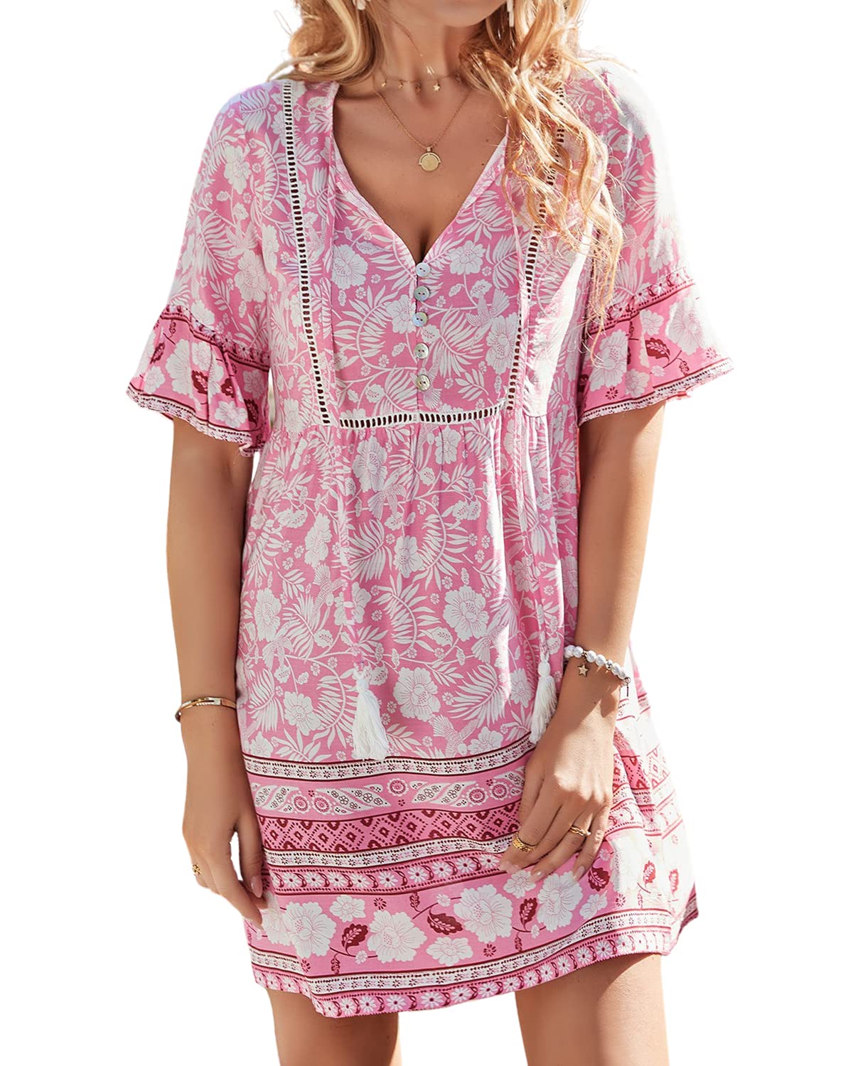 Women's Boho V-Neck Summer Dress, Short Sleeve, Casual Beach Holiday Mini Dress, Rose-image-cd29e178-f4b8-4d07-b763-9dd689ea94ce-68207