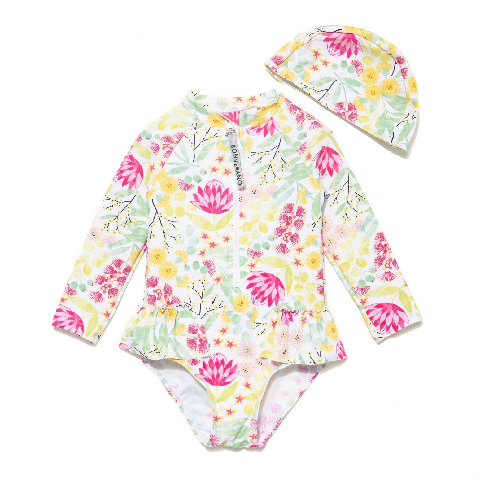 Baby Girl Swimsuit with Sun Cap - Flowers Pink Yellow 18-24M-image-2127a5b0-6b20-470f-843f-e219ef83e415-91781