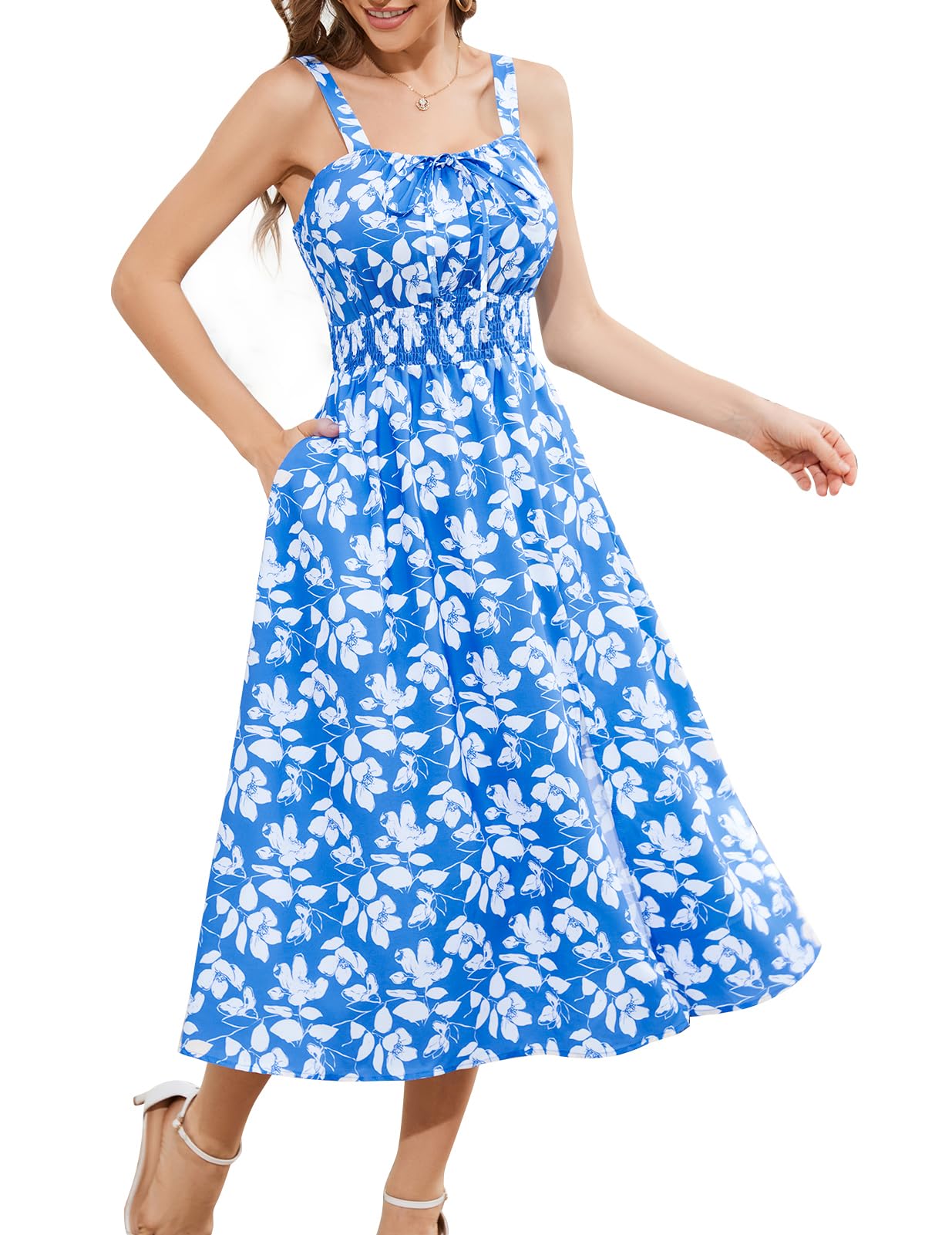Boho Floral Print Sleeveless Dress With Pockets - Casual Summer Slit Dres